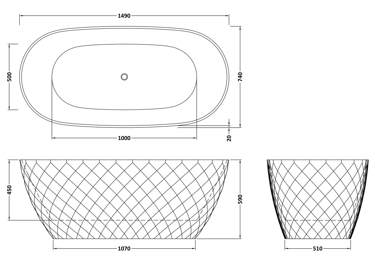Nuie Choice Minara 1490mm Textured Oval Freestanding Bath