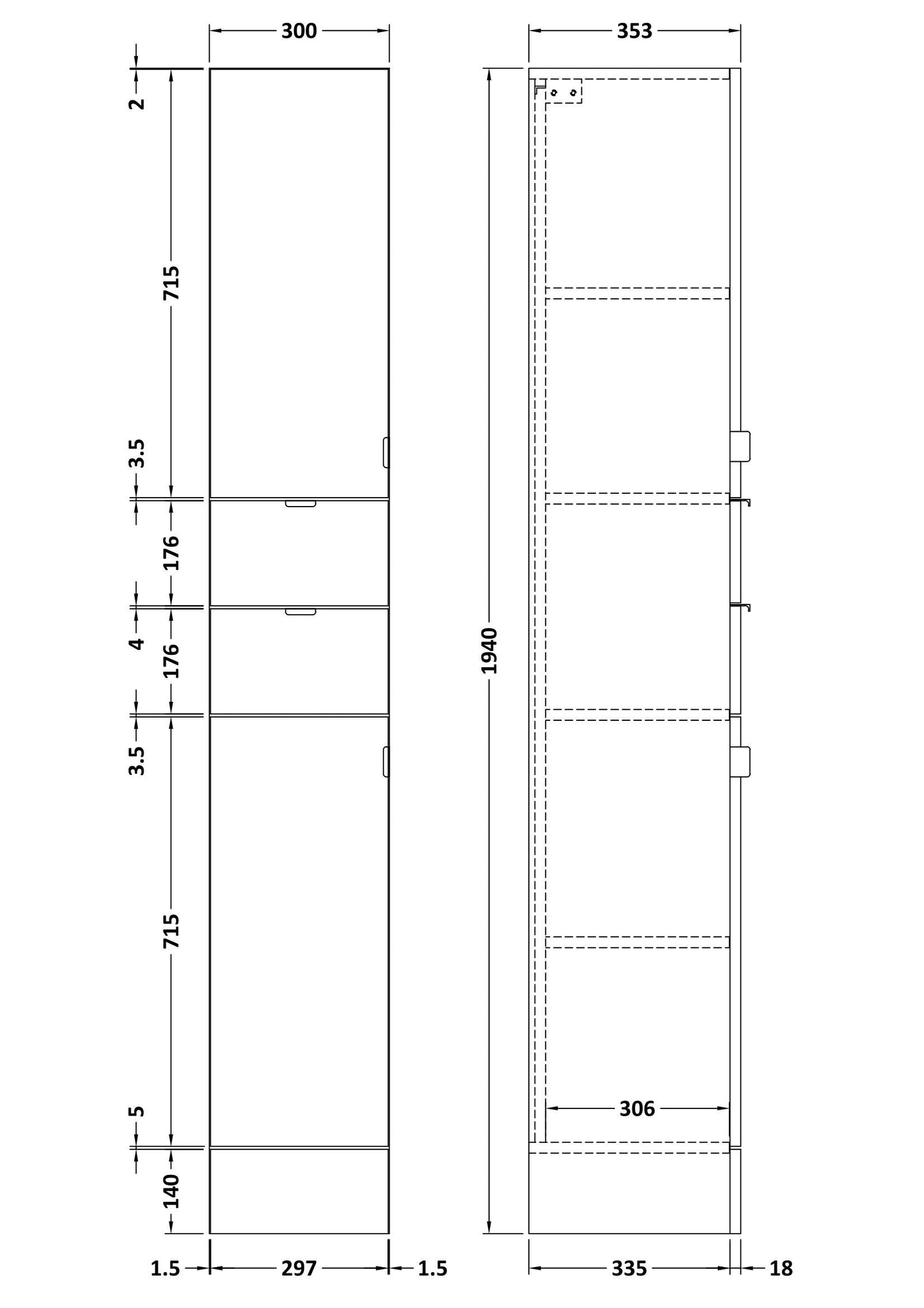 Hudson Reed Fusion 300mm 2 Door Drawer Bleached Oak Floor Standing Tall Cabinet With Handles