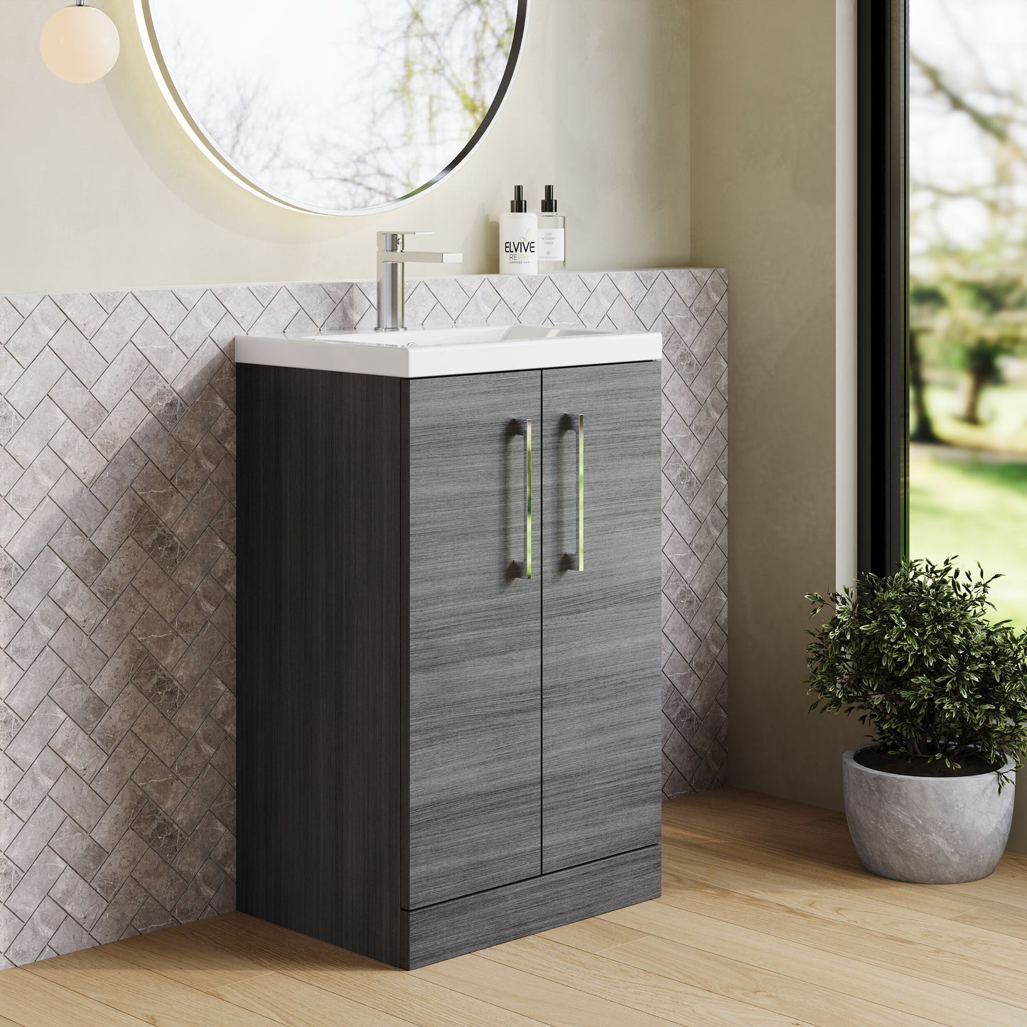 Nuie 510mm Anthracite Woodgrain Floor Standing 2-Door Vanity Unit with Basin, Soft Close Doors, 1 Tap Hole