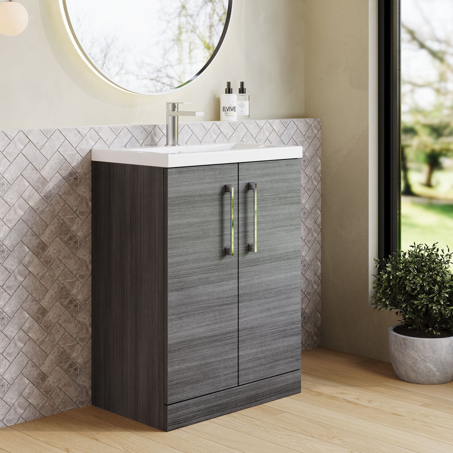 Nuie 600mm Anthracite Woodgrain Floor Standing 2-Door Vanity Unit With 1 Tap Hole Basin