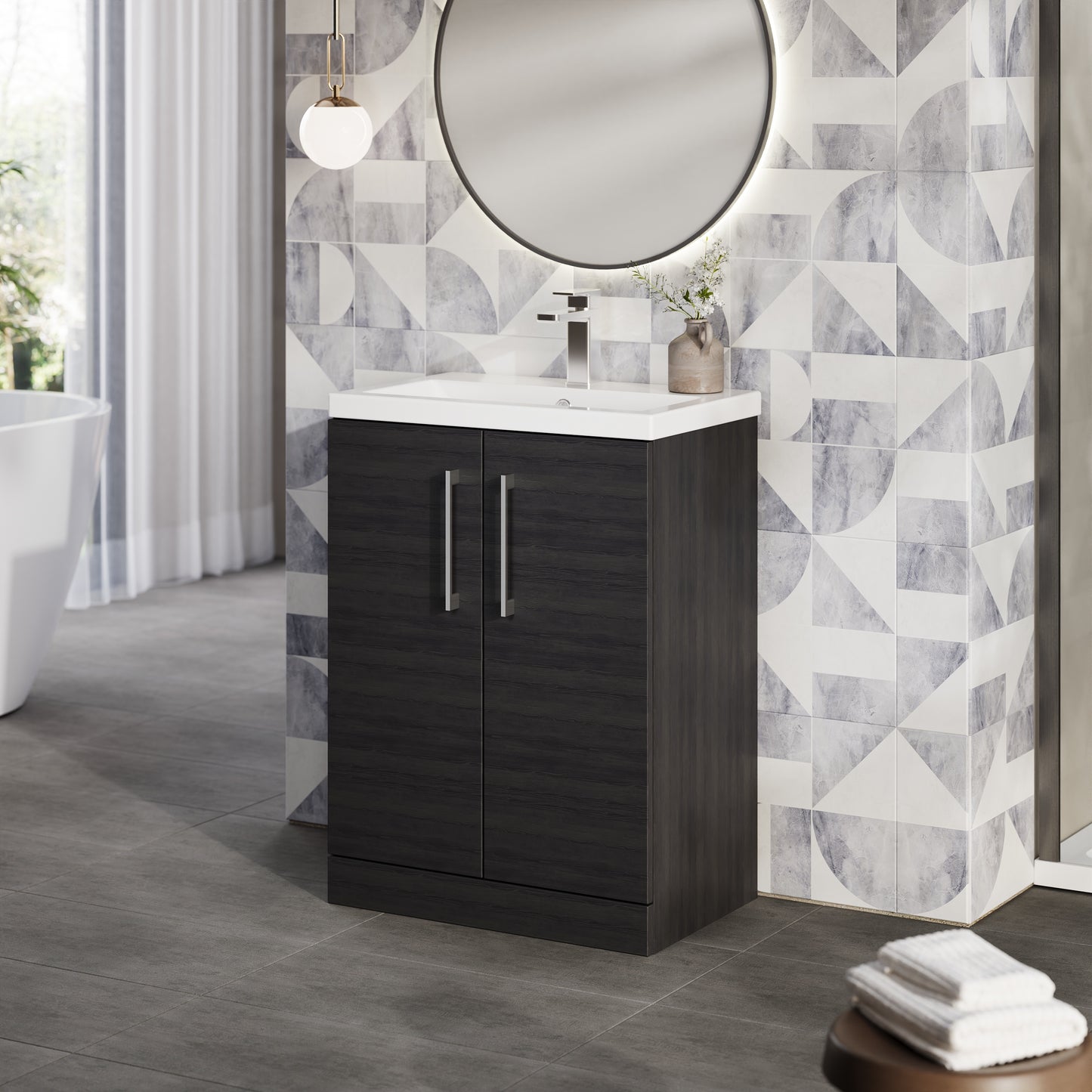 Nuie 600mm Floor Standing 2-Door Vanity Unit & Ceramic Basin