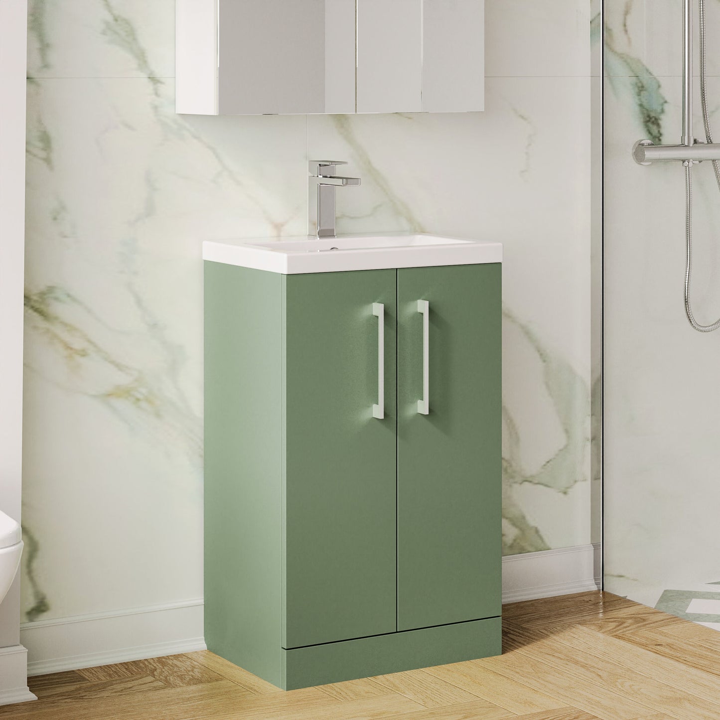 Nuie 500mm Satin Green Floor Standing 2-Door Vanity Unit With Polymarble Basin & Soft Close Doors
