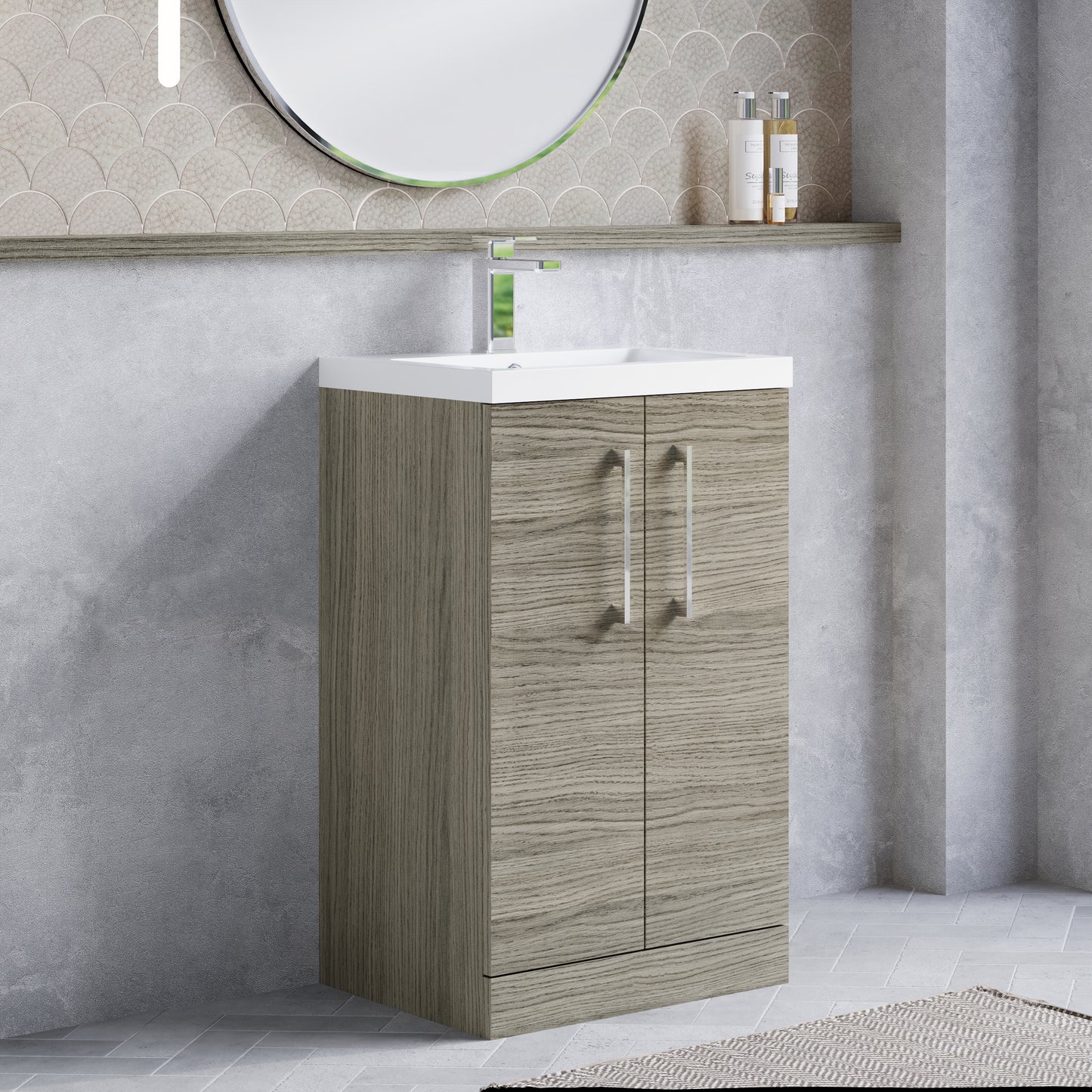 Nuie 500mm Solace Oak Floor Standing 2-Door Vanity Unit With Polymarble Basin