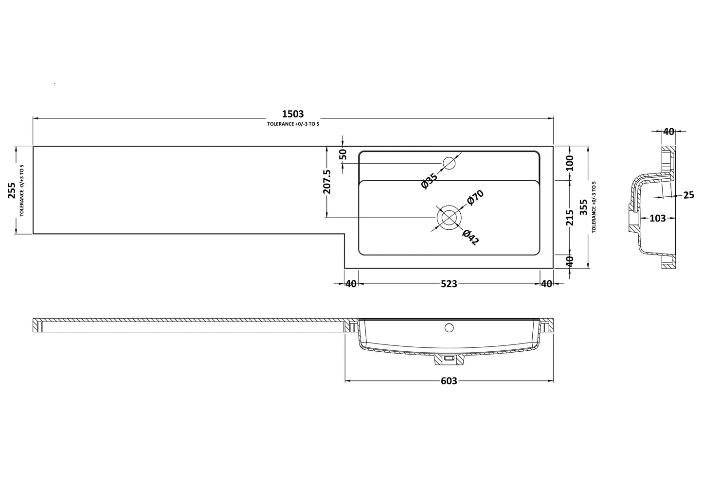 Fusion Right Hand Square L-Shaped 1 Tap Hole Polymarble Basin 1500mm