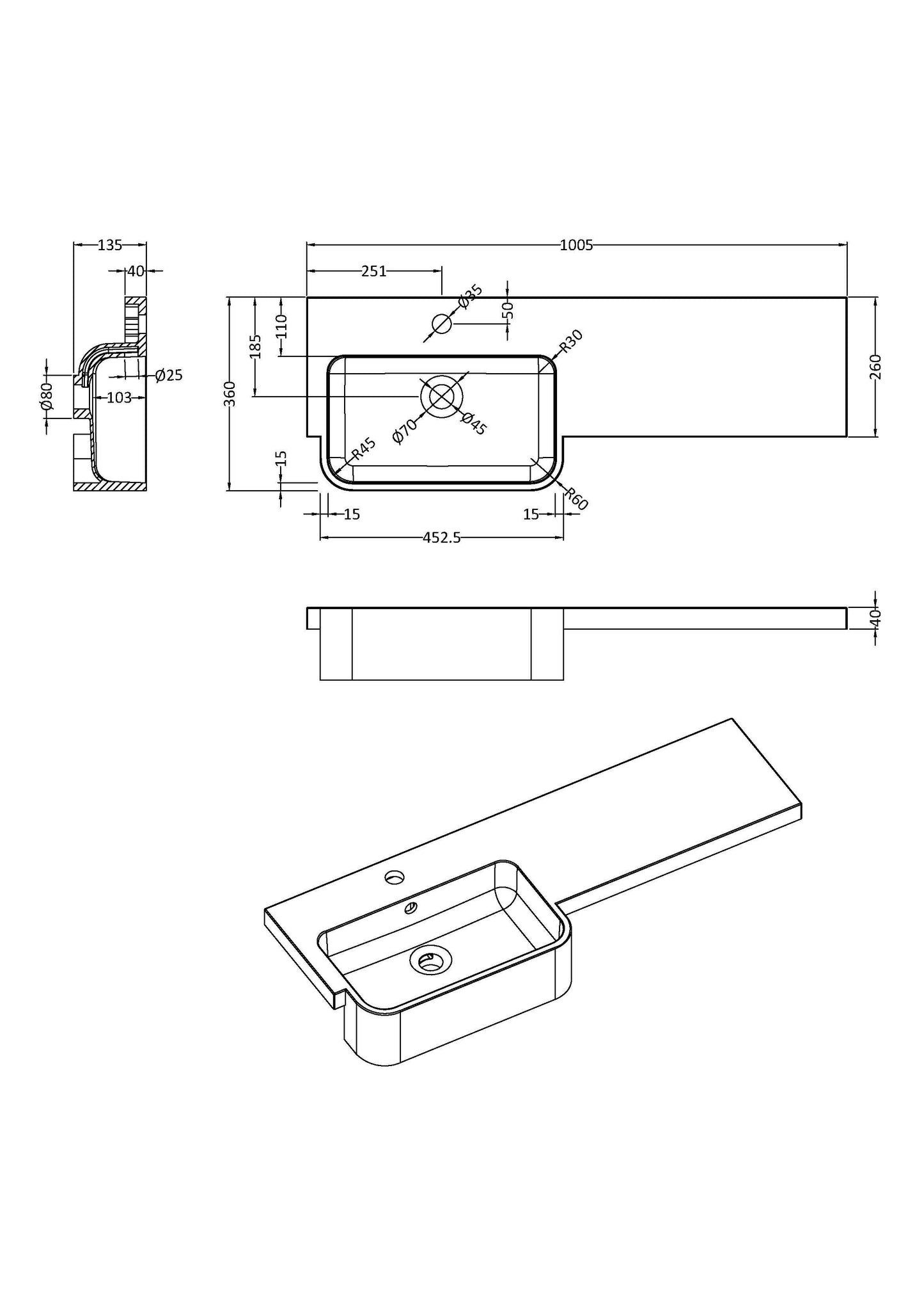 Fusion Left Hand Round Semi-Recessed 1 Tap Hole Polymarble Basin 1000mm