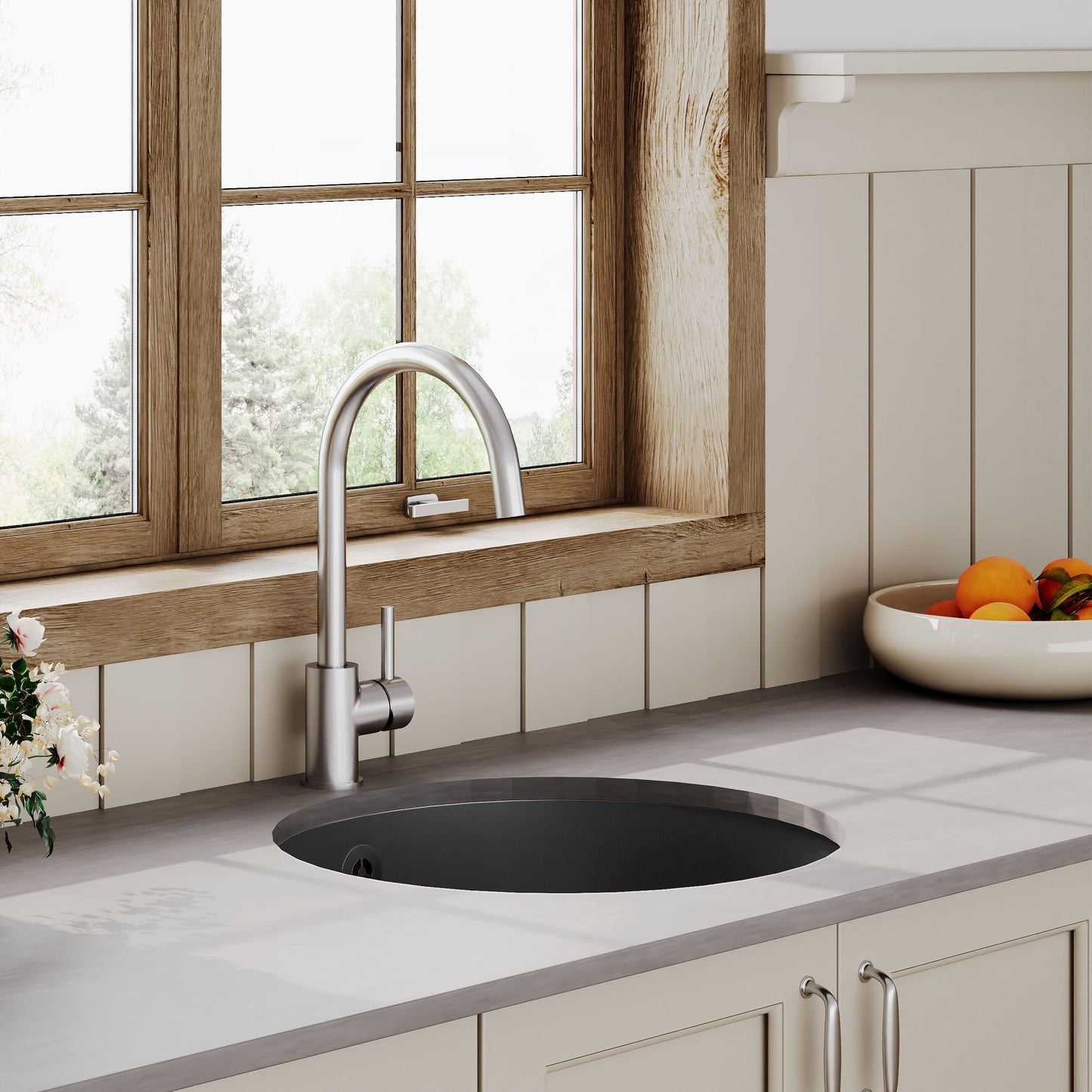 Nuie Single Bowl 460 x 191mm Fireclay Soft Black Round Inset Sink With Central Waste and Overflow