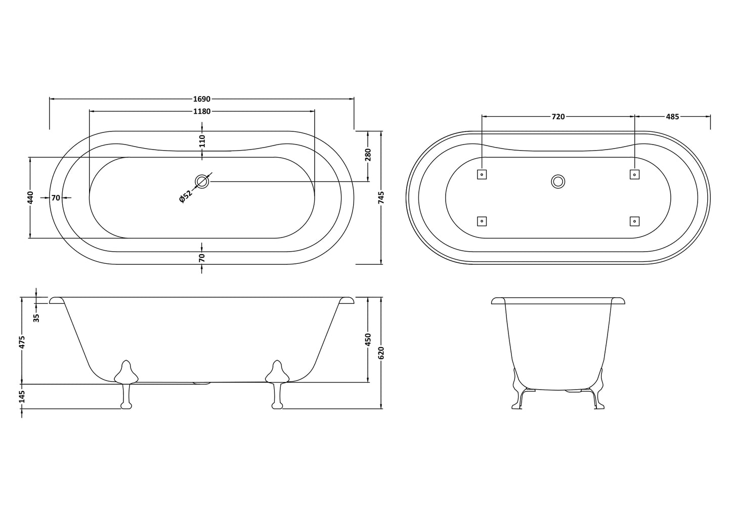 Hudson Reed 1690mm Freestanding Bath With Corbel Legs