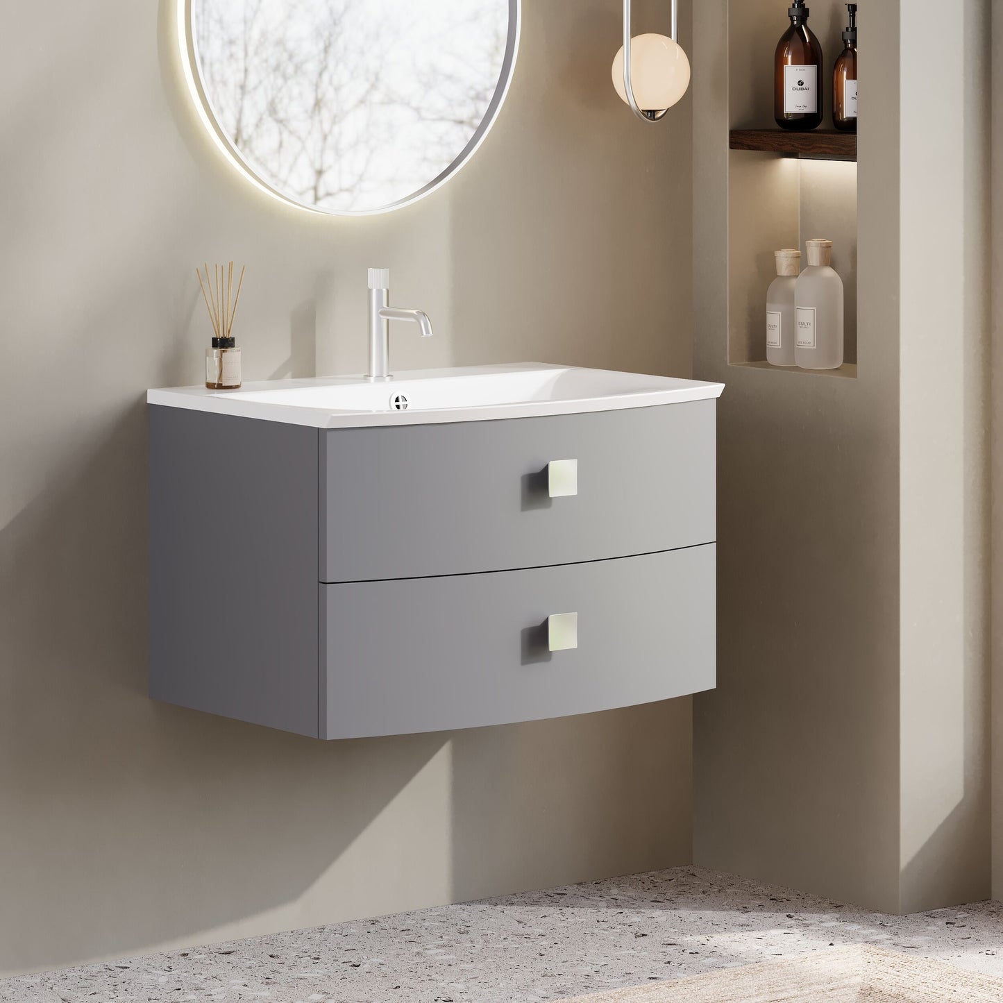 Hudson Reed Sarenna 700mm Dove Grey Wall Hung 2 Drawer Vanity Unit with Polymarble Basin