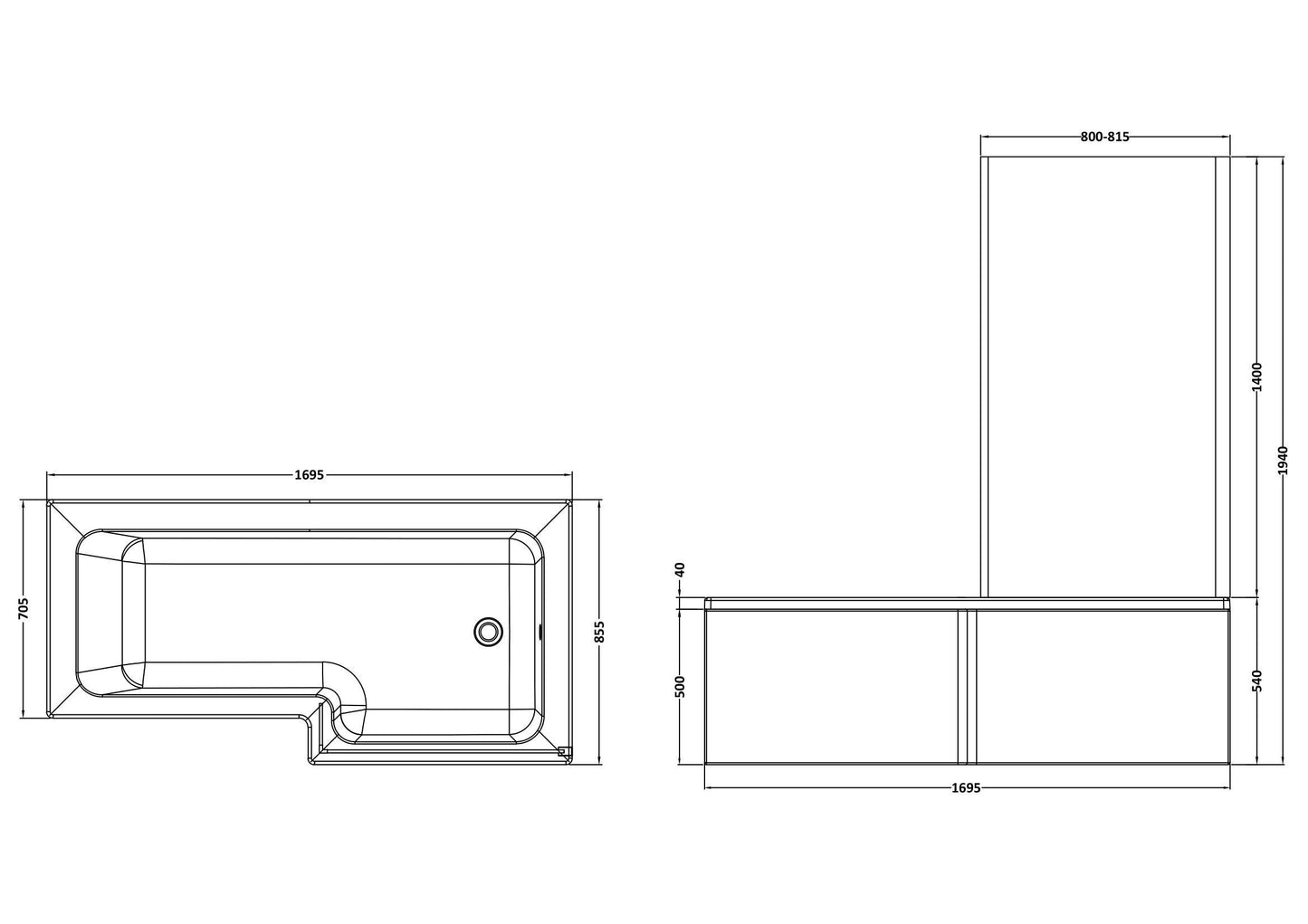 Nuie 1700mm x 850mm White Straight Right Hand Shower Bath, Bath Screen, Front Panel and Leg Set
