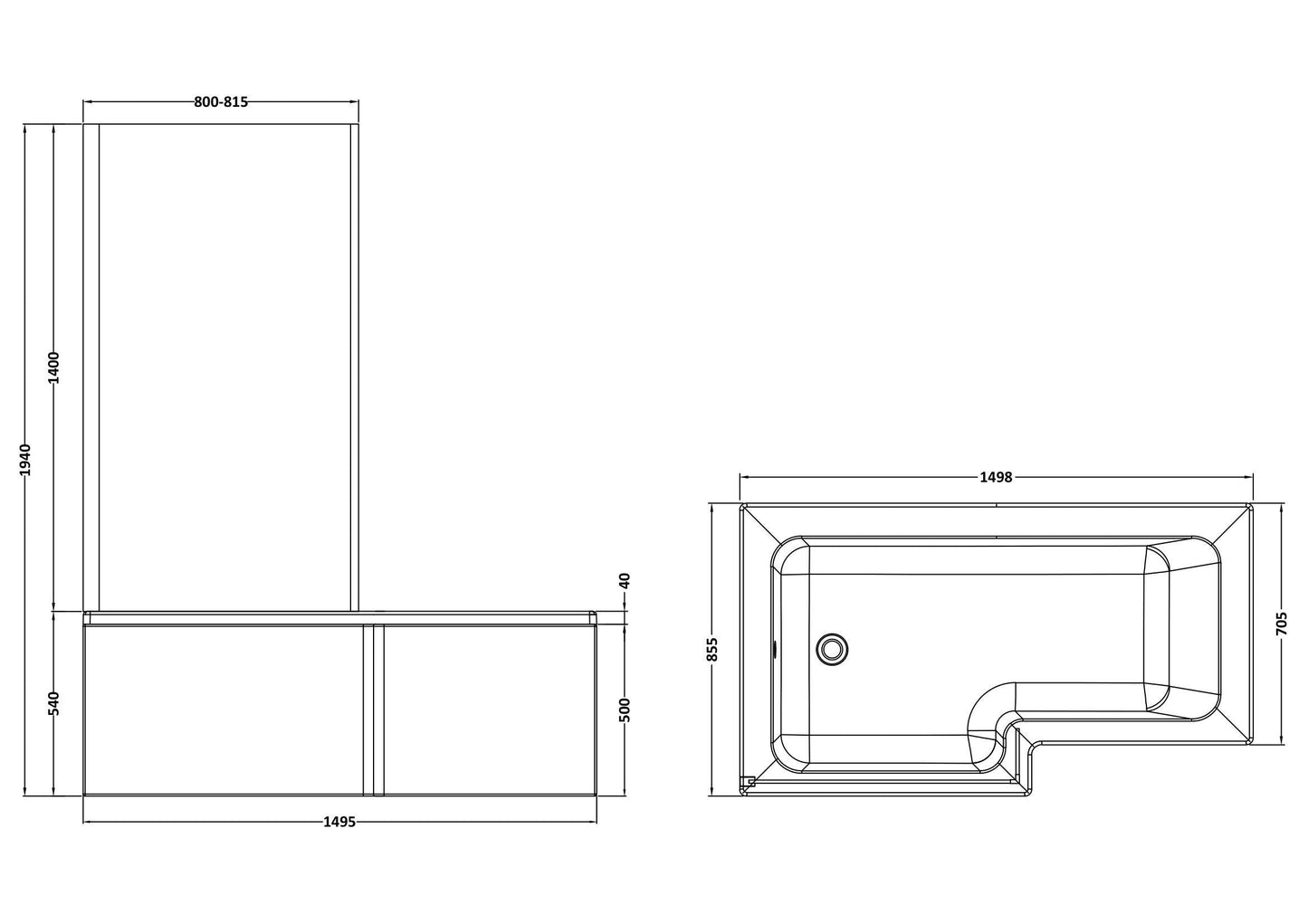 Nuie 1500mm x 850mm White Straight Left Hand Shower Bath, Bath Screen, Side Panel and Leg Set