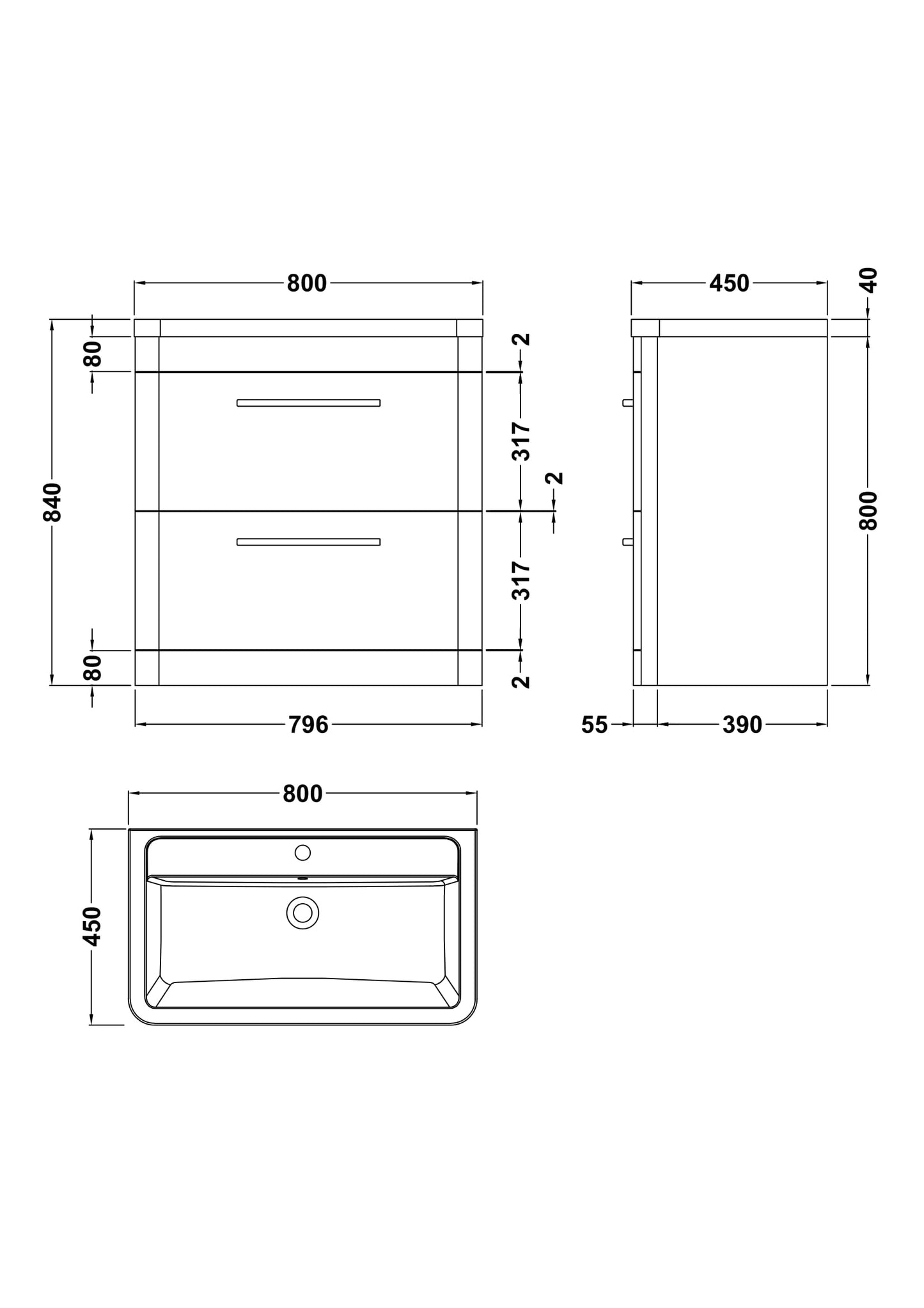 Hudson Reed Solar 800mm Floor Standing 2-Drawer Vanity Unit With Ceramic Basin