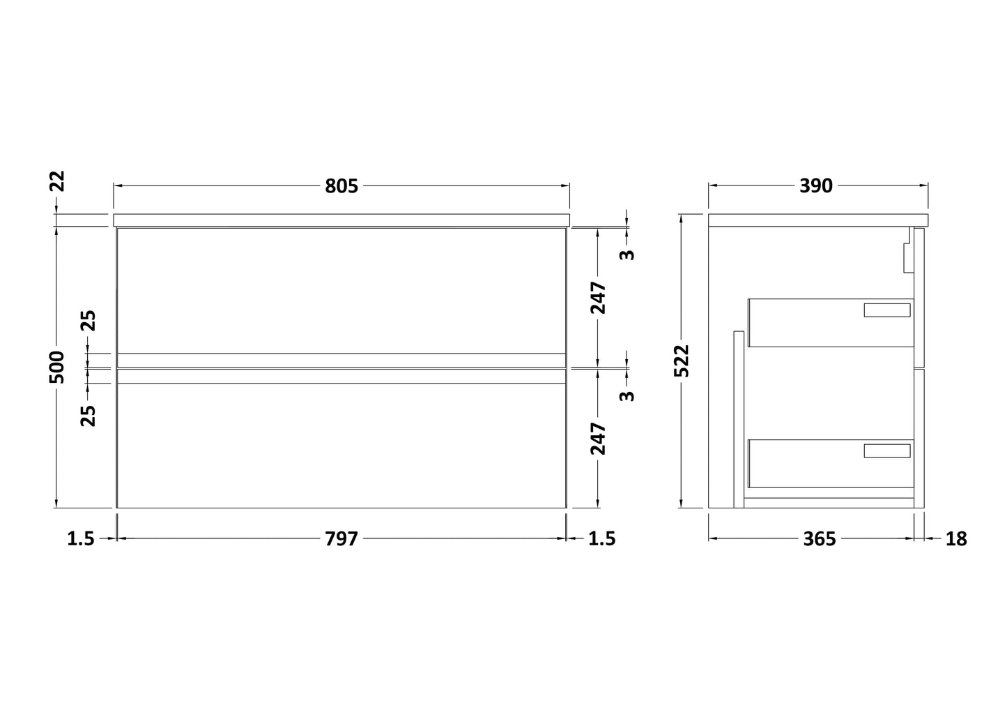Hudson Reed Urban 800mm Soft Black Wall Hung 2 Drawer Vanity Unit With Laminate Worktop