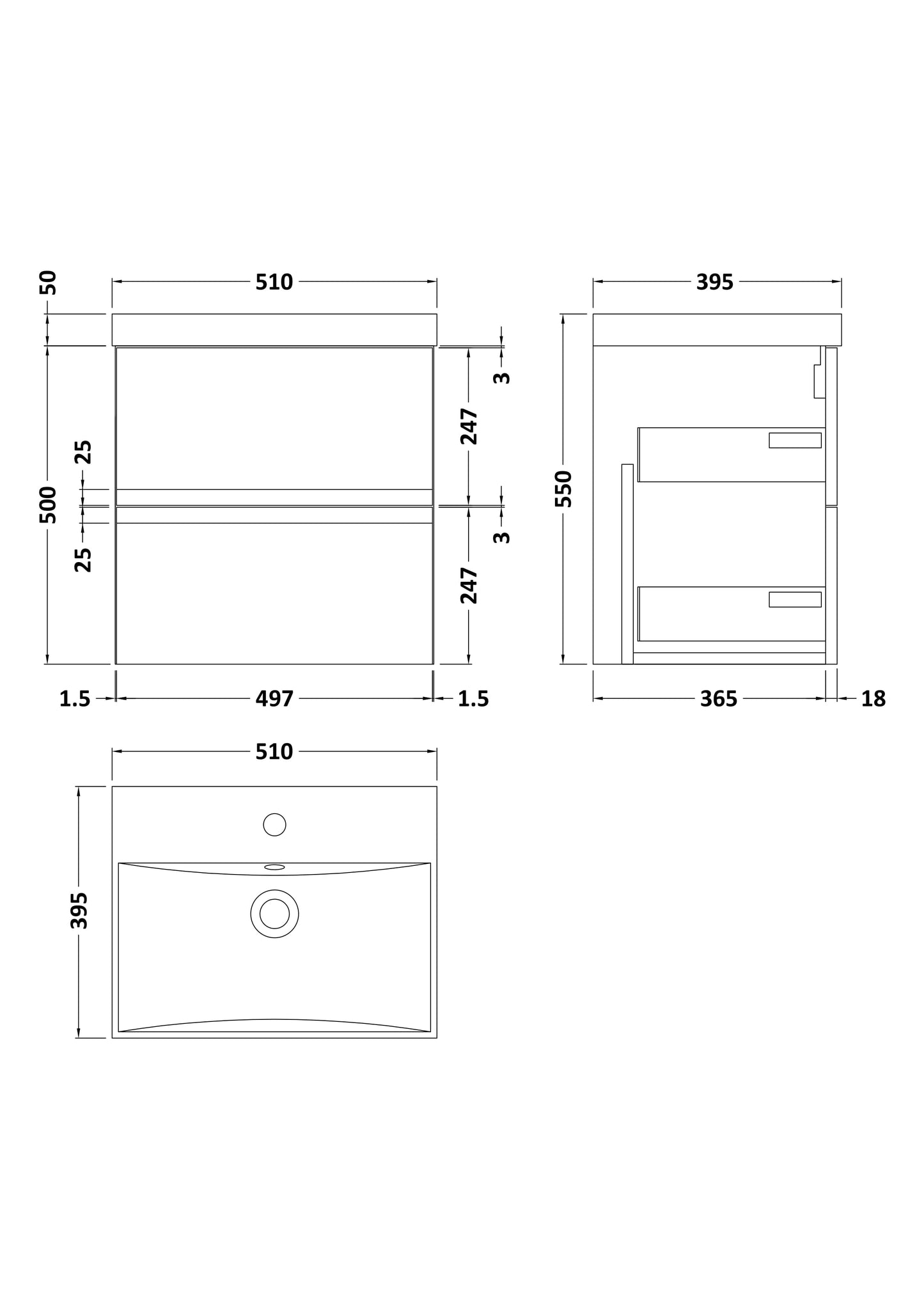 Urban 500mm Wall Hung 2-Drawer Unit and Thin-Edge Basin 1 Tap Hole