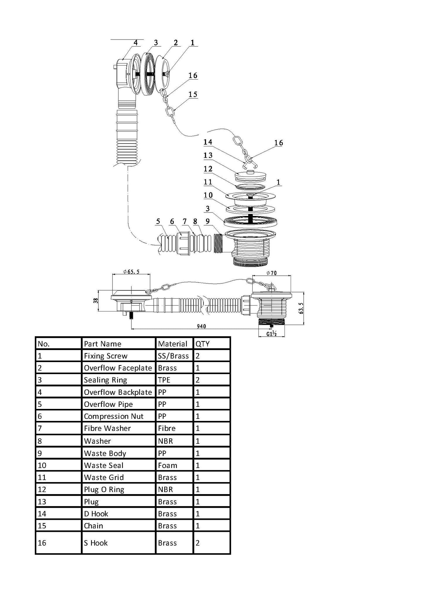 BC Sanitan Nickel Plug and Chain Concealed Bath Waste