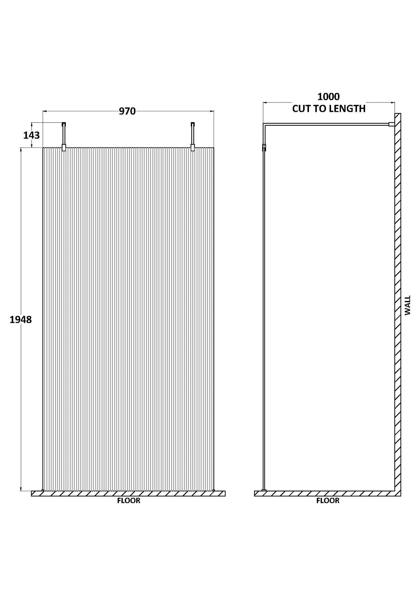 Hudson Reed 970mm Frameless Chrome Fluted Wetroom Screen With Arms And Feet