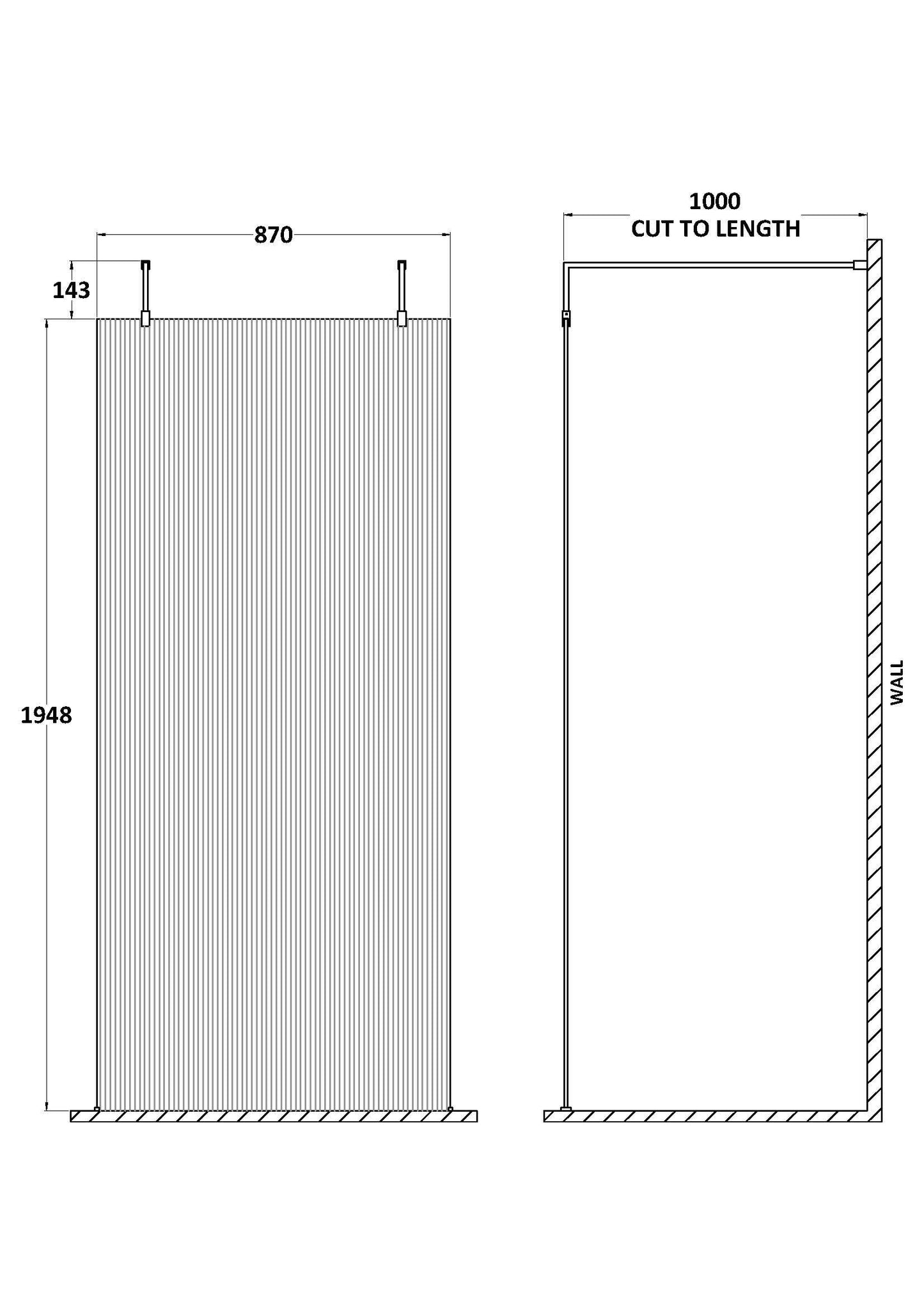 Hudson Reed 870mm Frameless Brushed Brass Fluted Wetroom Screen With Arms And Feet