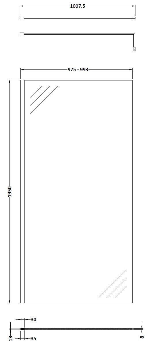 Hudson Reed 1000mm Semi-Frameless Brushed Brass Wetroom Screen With Support Bar