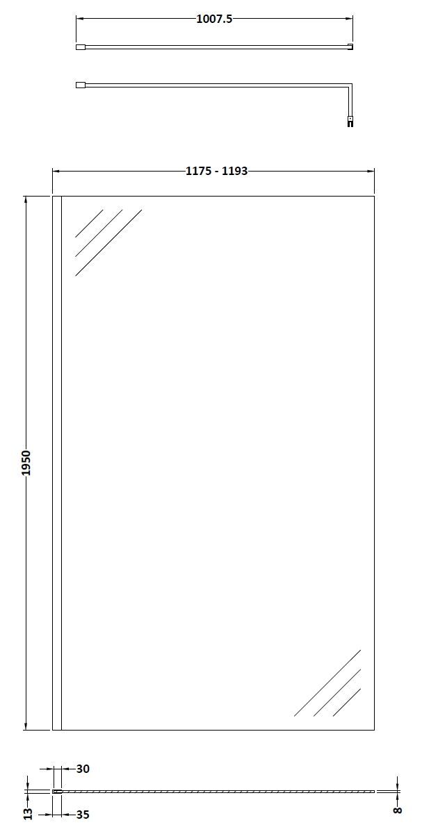 Hudson Reed 1200mm Semi-Frameless Matt Black Wetroom Screen With Support Bar