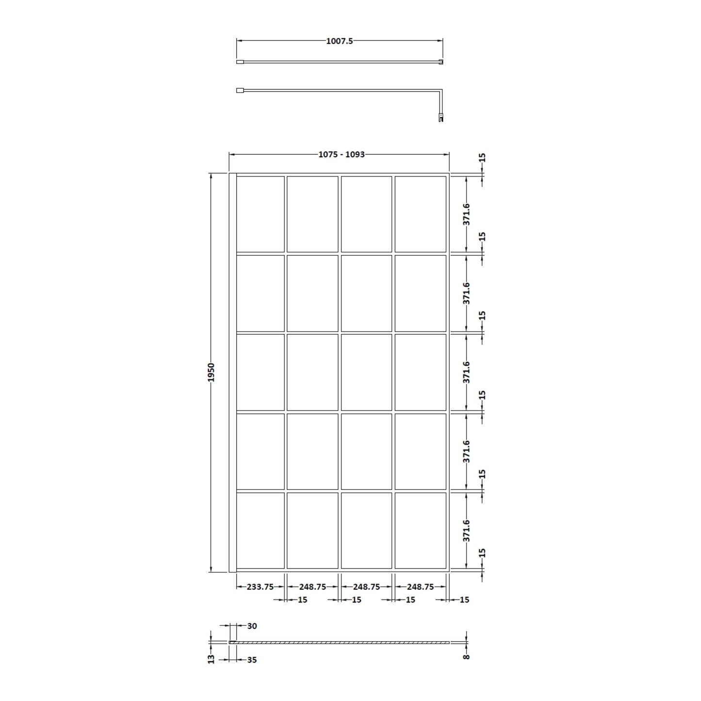Synergy 1100mm Framed Matt Black Wetroom Screen With Support Bar