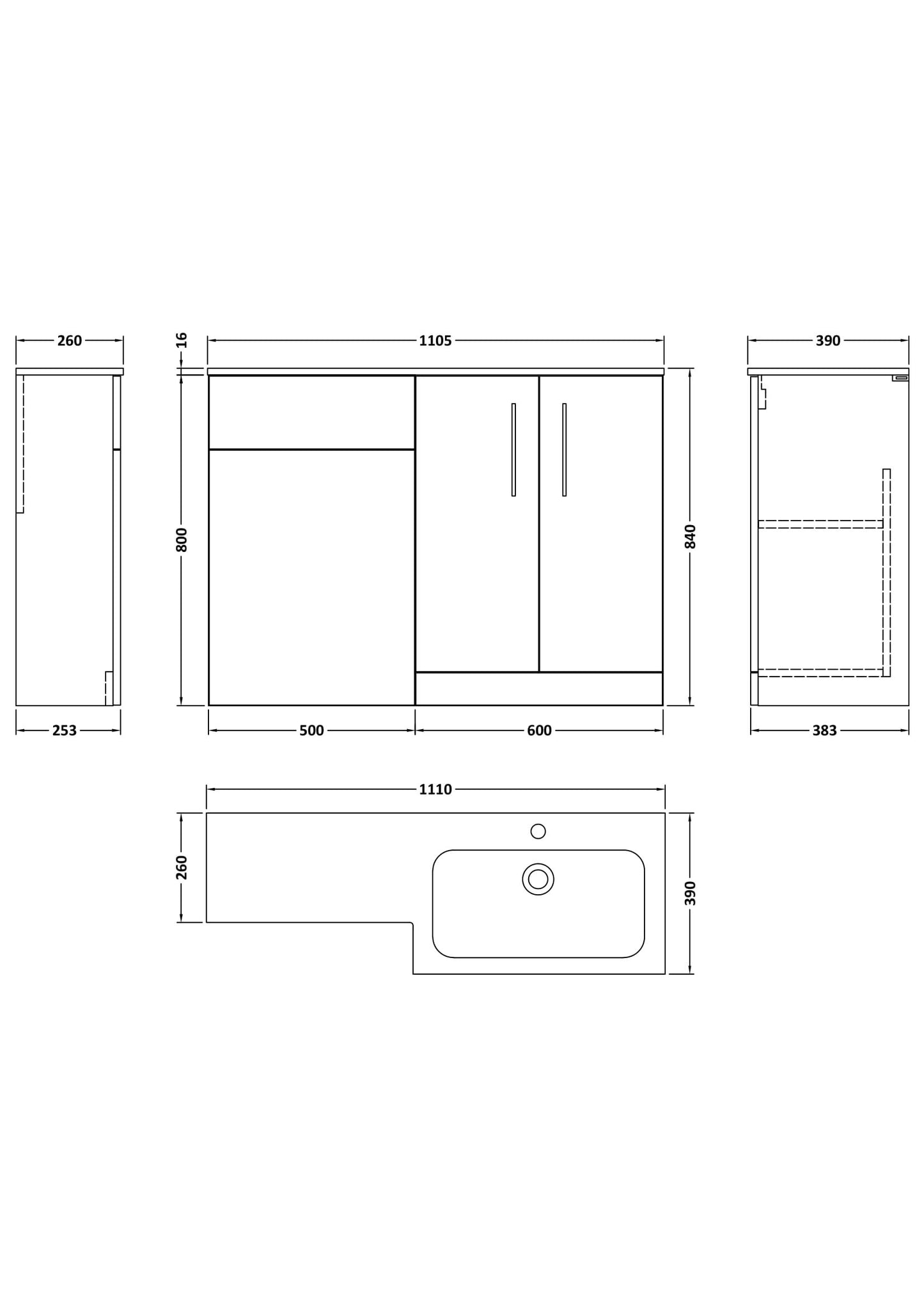 Nuie Arno 1100mm Right Hand Floor Standing Gloss White Combination Unit With Basin