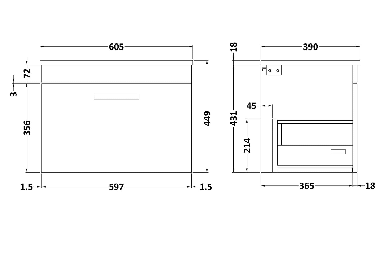 Nuie 600mm Anthracite Woodgrain Wall Hung Single Soft Close Drawer Vanity Unit With Worktop & Handle