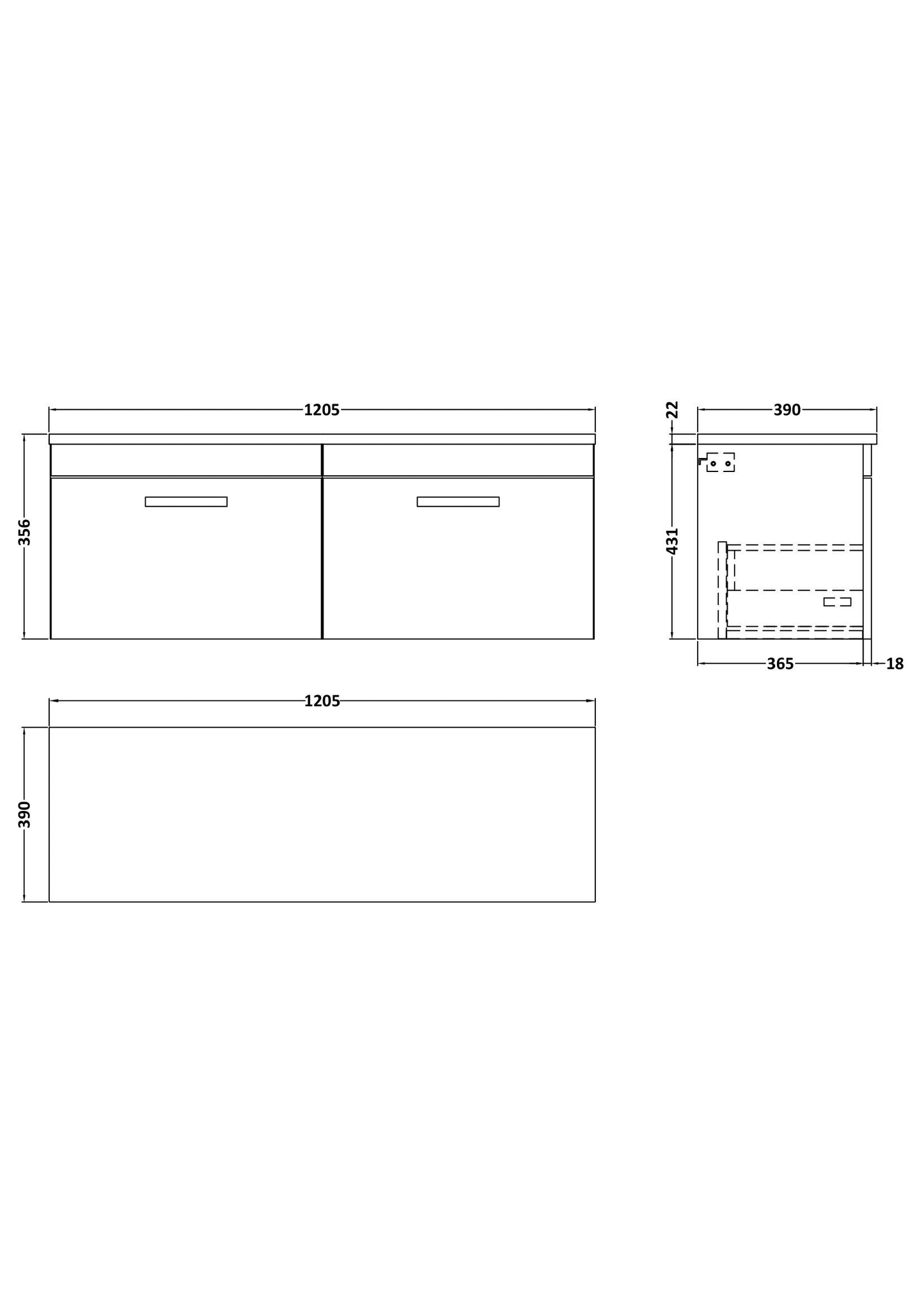 Nuie 1200mm Wall Hung 2-Drawer Unit With Laminate Worktop