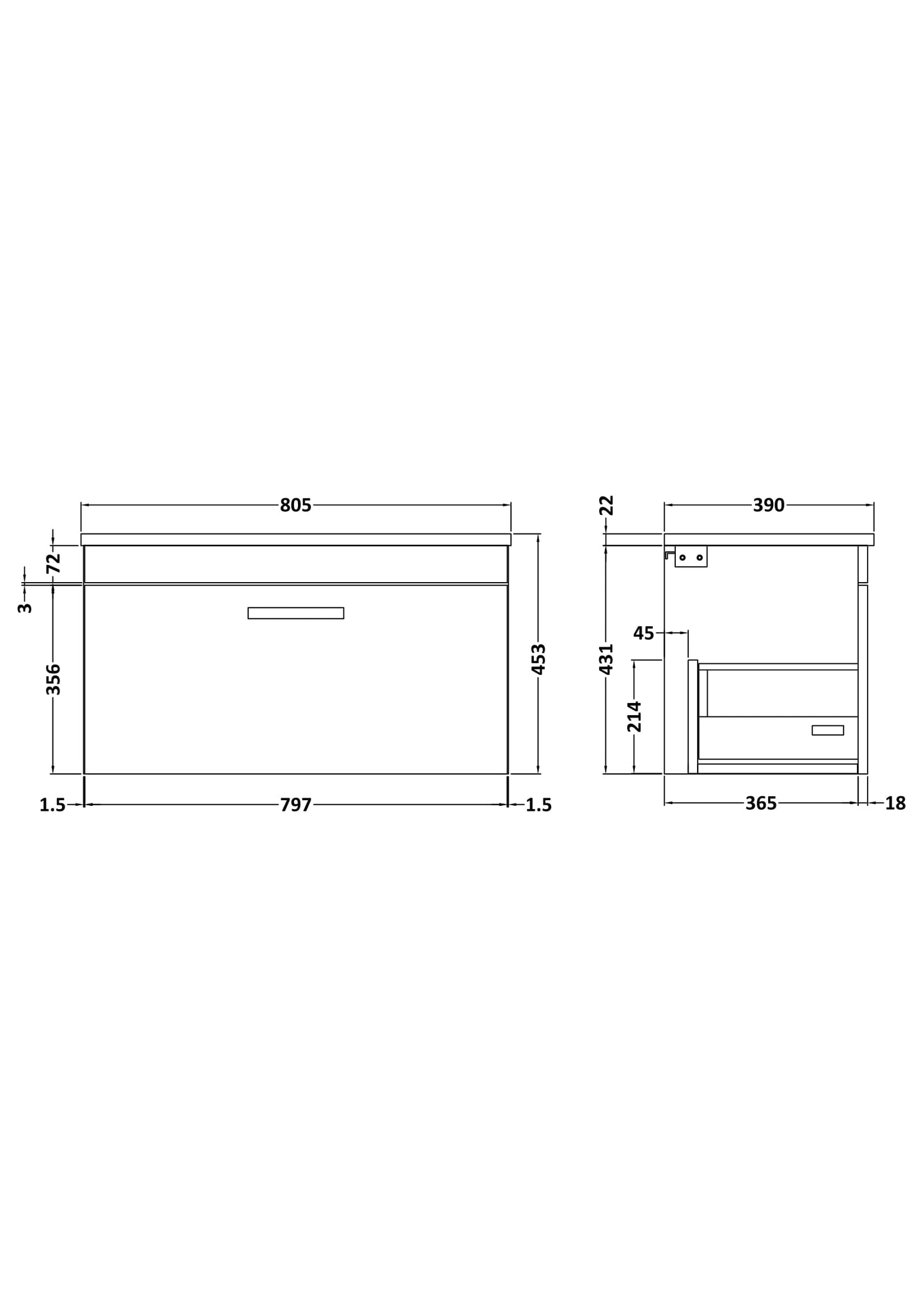 Nuie Athena 800mm Wall Hung Single Drawer Vanity Unit With Grey Worktop