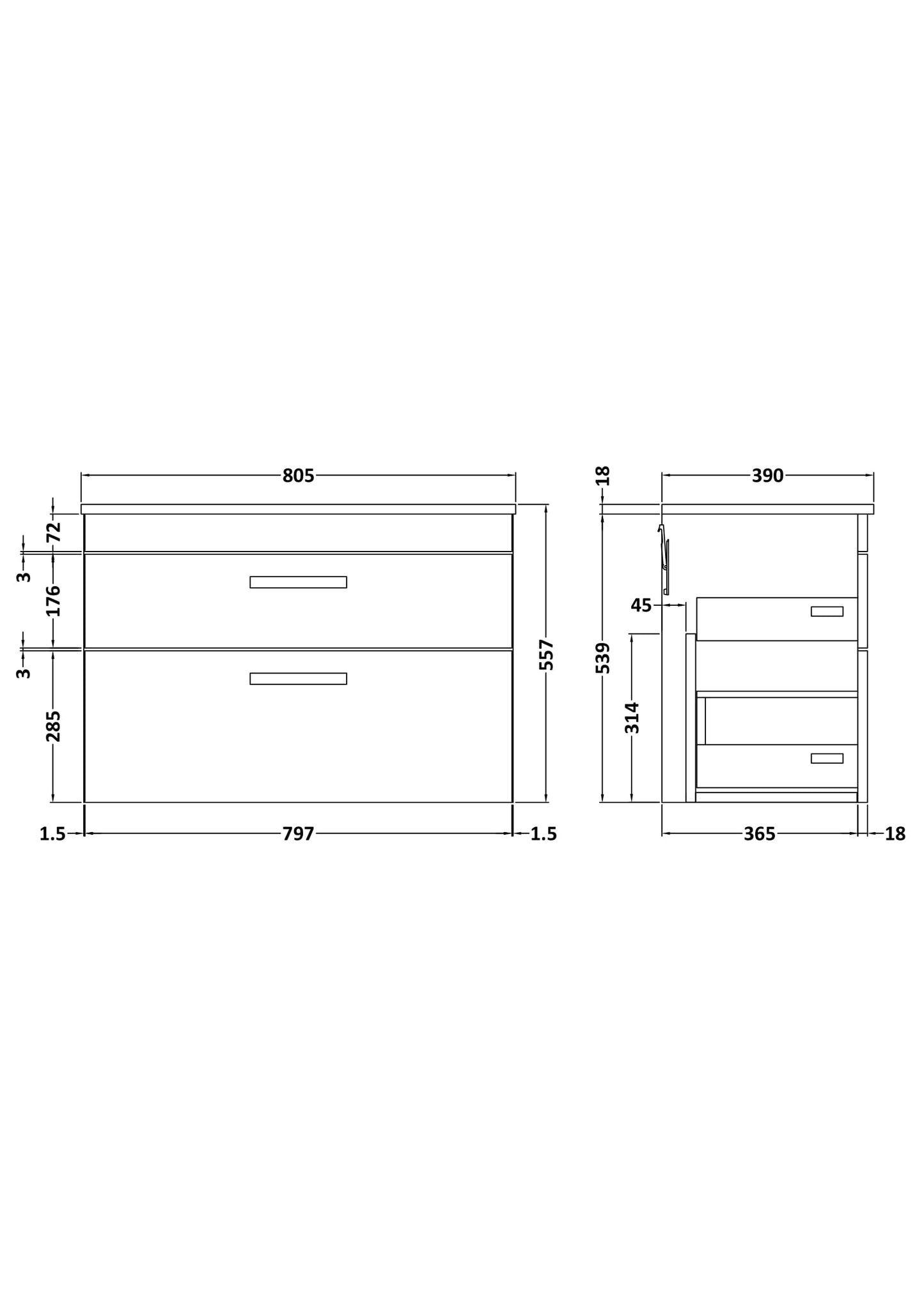 Nuie Athena 800mm Charcoal Black Wall Hung 2 Drawer Vanity Unit With Worktop & Soft Close Drawers