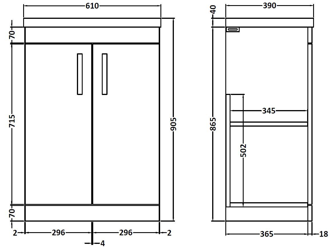 Nuie Athena 600mm Floor Standing 2 Door Vanity Unit With Mid-Edge 1 Tap Hole Basin