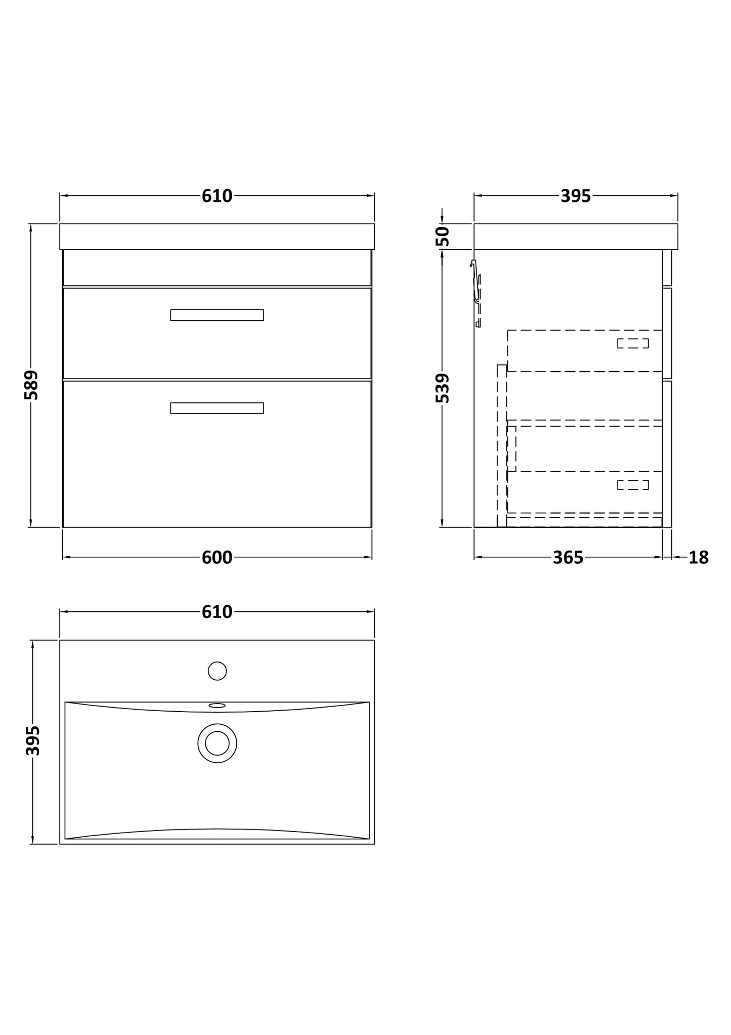 Nuie Athena 600mm Wall Hung 2 Drawer Vanity Unit With Thin-Edge 1 Tap Hole Basin