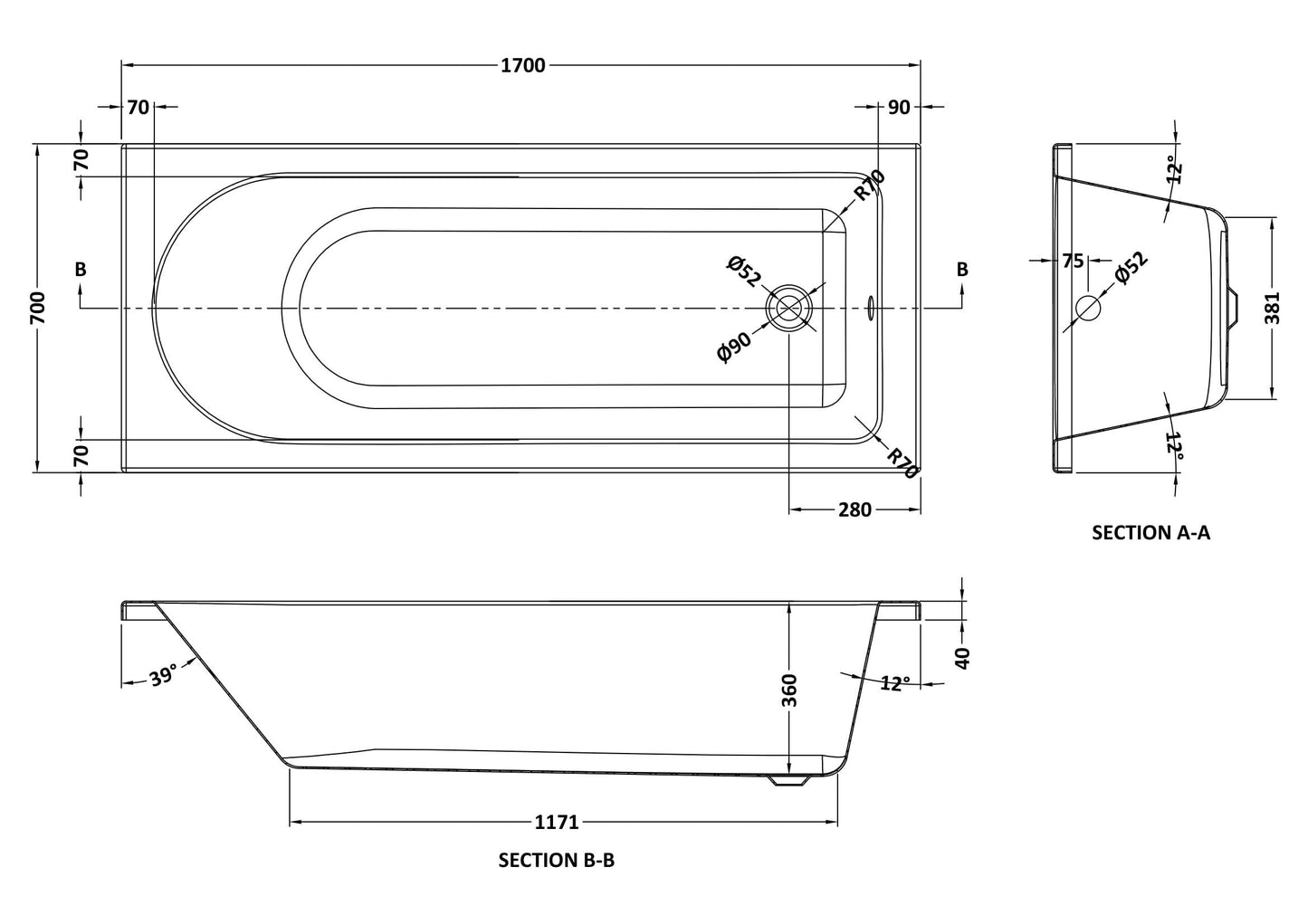 Nuie 1700mm x 700mm European White Round Single Ended Bath, Bath Screen and Side Panel
