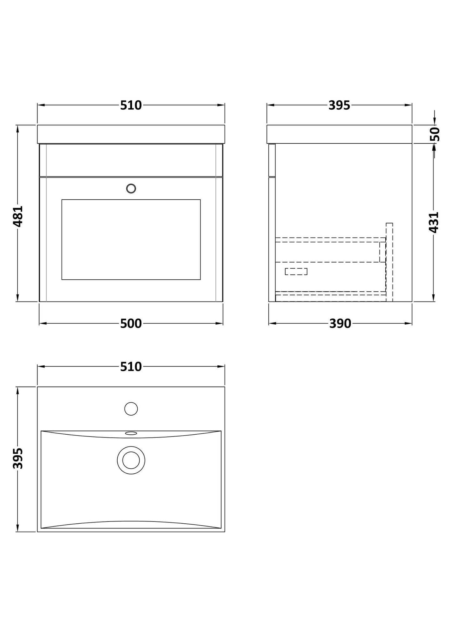 Nuie Classique 500mm Wall Hung 1 Drawer Vanity Unit with Basin