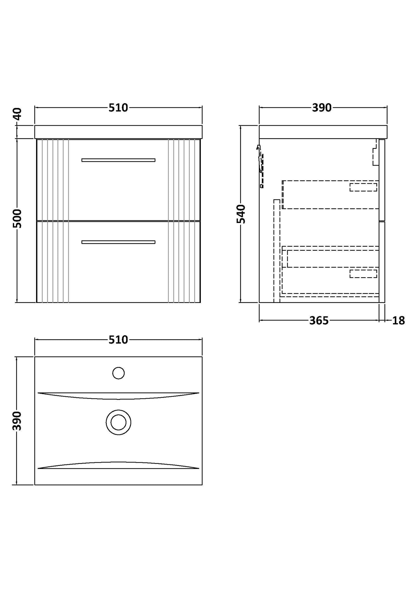 Nuie Deco 500mm Wall Hung 2-Drawer Vanity Unit with Mid-Edge Basin With Chrome Handles