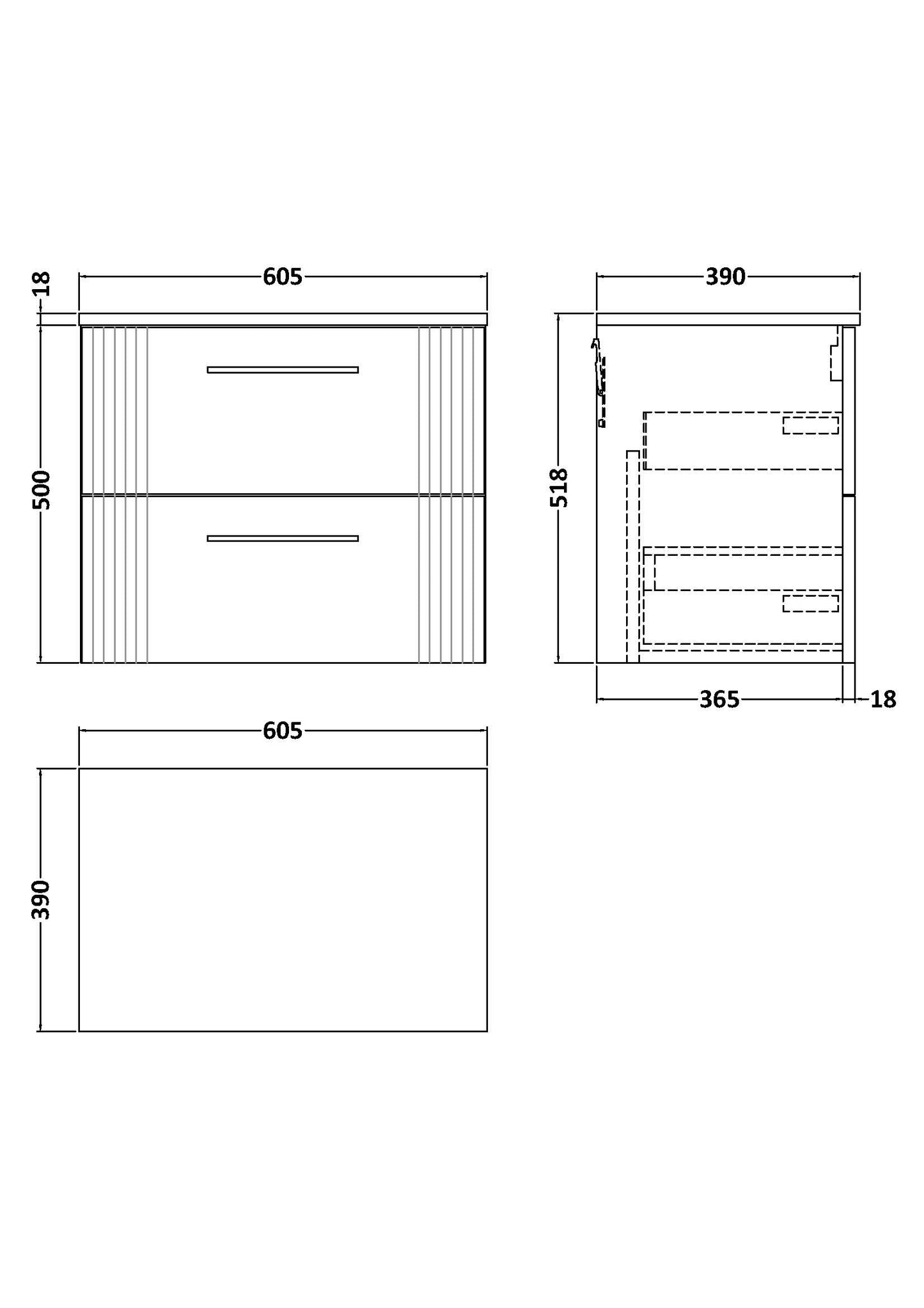 Nuie 600mm Part Fluted Satin Grey Wall Hung 2-Drawer Vanity & Worktop With Chrome Handles