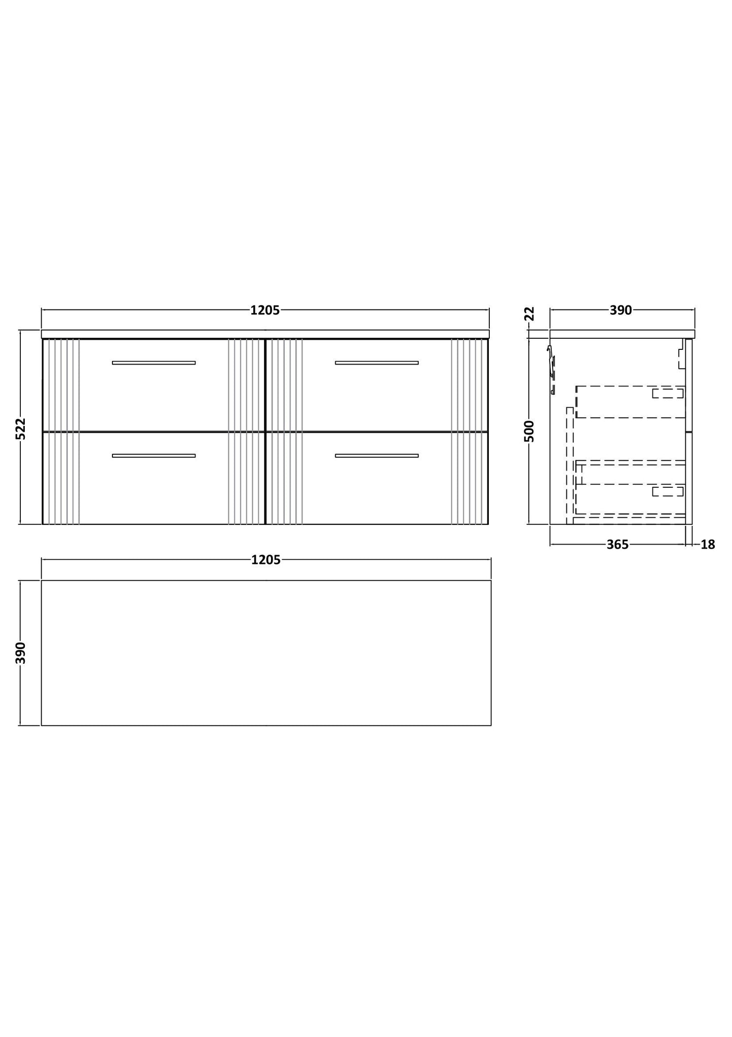 Nuie 1200mm Satin Green Wall Hung 4-Drawer Vanity Unit With Laminate Worktop & Handles
