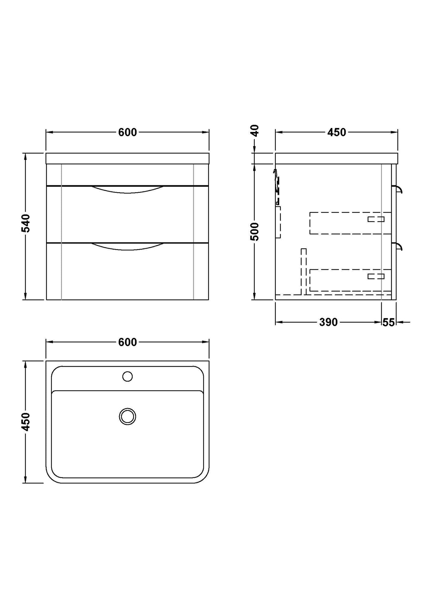 Balterley Wave Contemporary Wall Hung 2 Drawer Bathroom Vanity Unit & Polymarble Basin, Dark Grey, 550mm