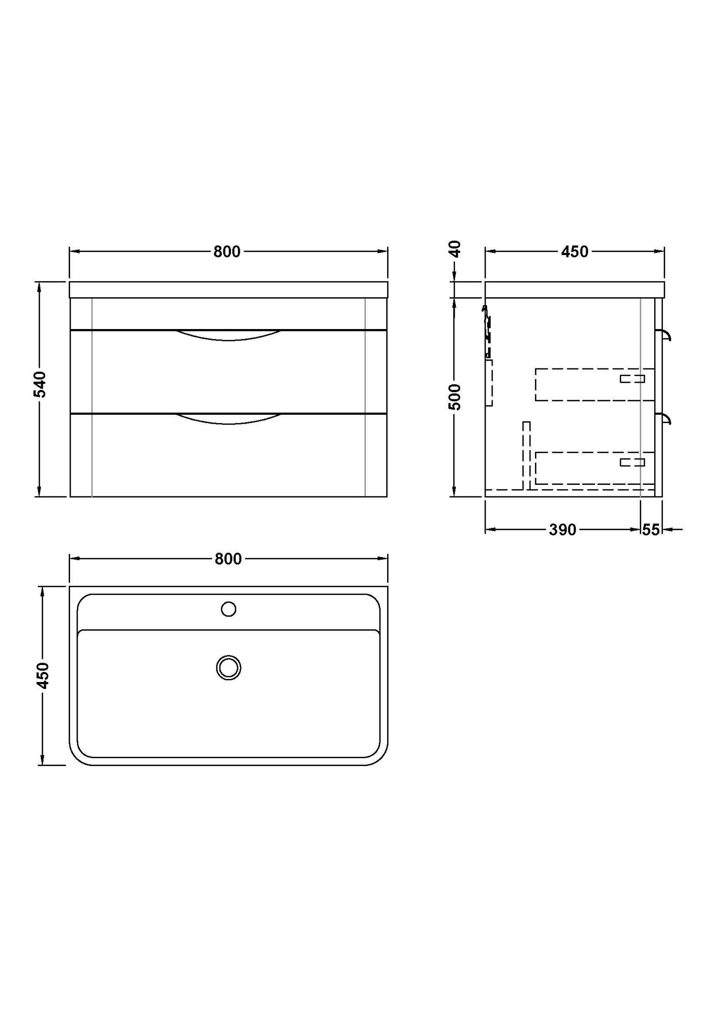 Balterley Wave Contemporary Wall Hung 2 Drawer Bathroom Vanity Unit & Polymarble Basin, Dark Grey, 755mm