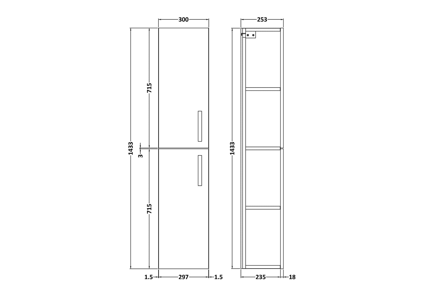 Nuie Athena 300mm 2 Door Gloss White Wall Hung Tall Cabinet With Handles