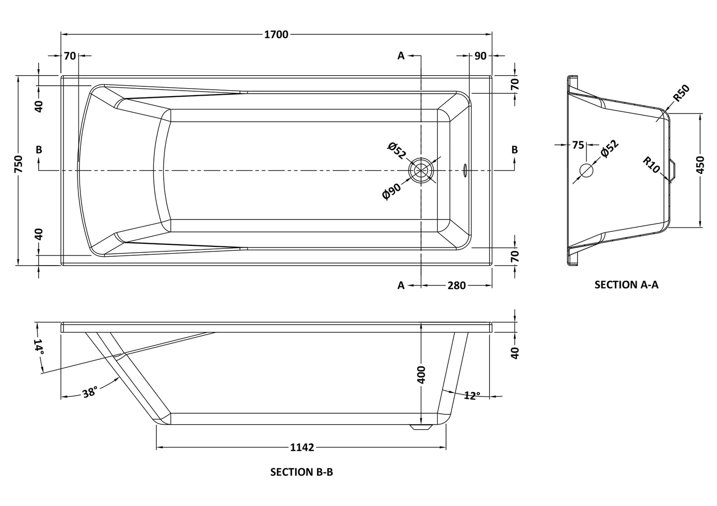 Nuie 1700mm x 750mm White Straight Single Ended Bath, Bath Screen, Side Panel and Leg Set
