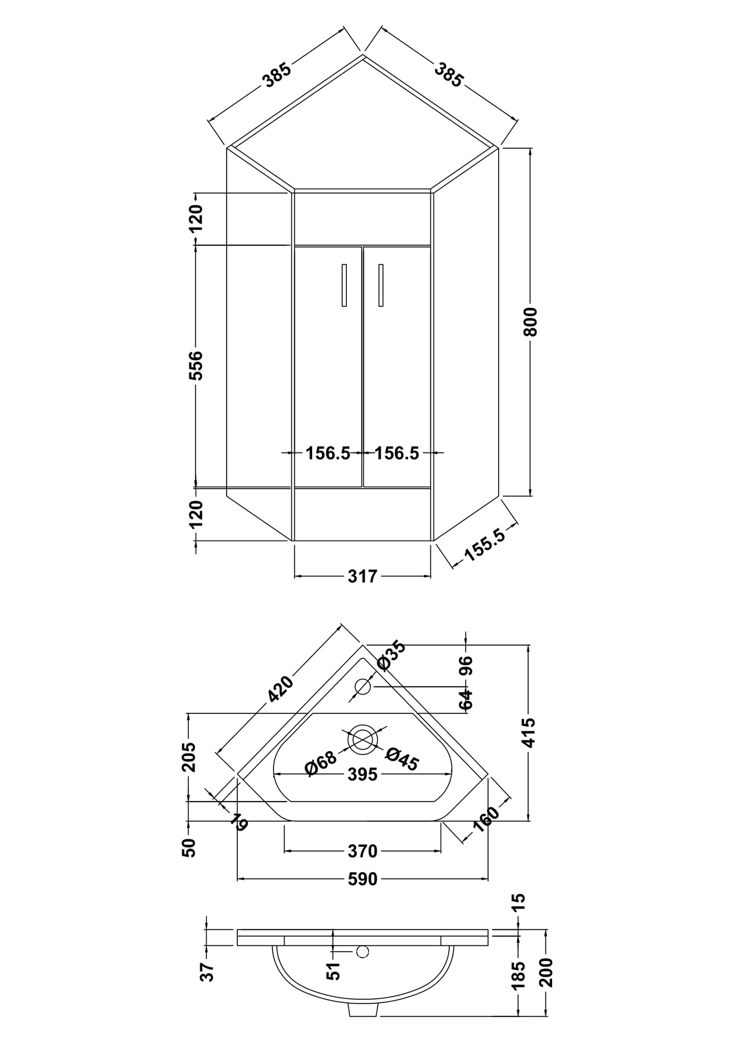 Mayford Floor Standing 2 Door Corner Vanity Unit with Ceramic Basin