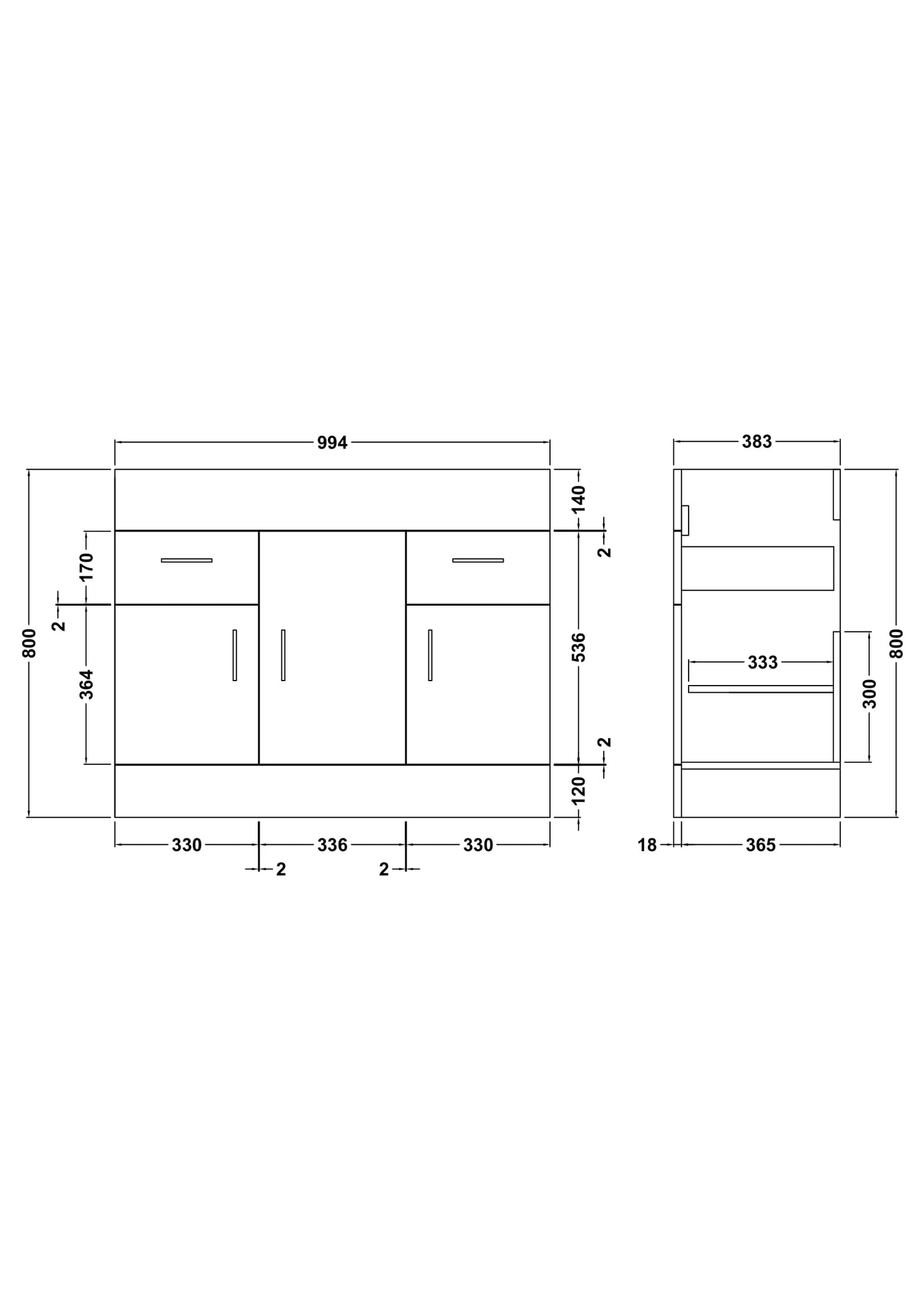 Eden Floor Standing 3 Door 2 Drawer Vanity Cabinet 1000mm