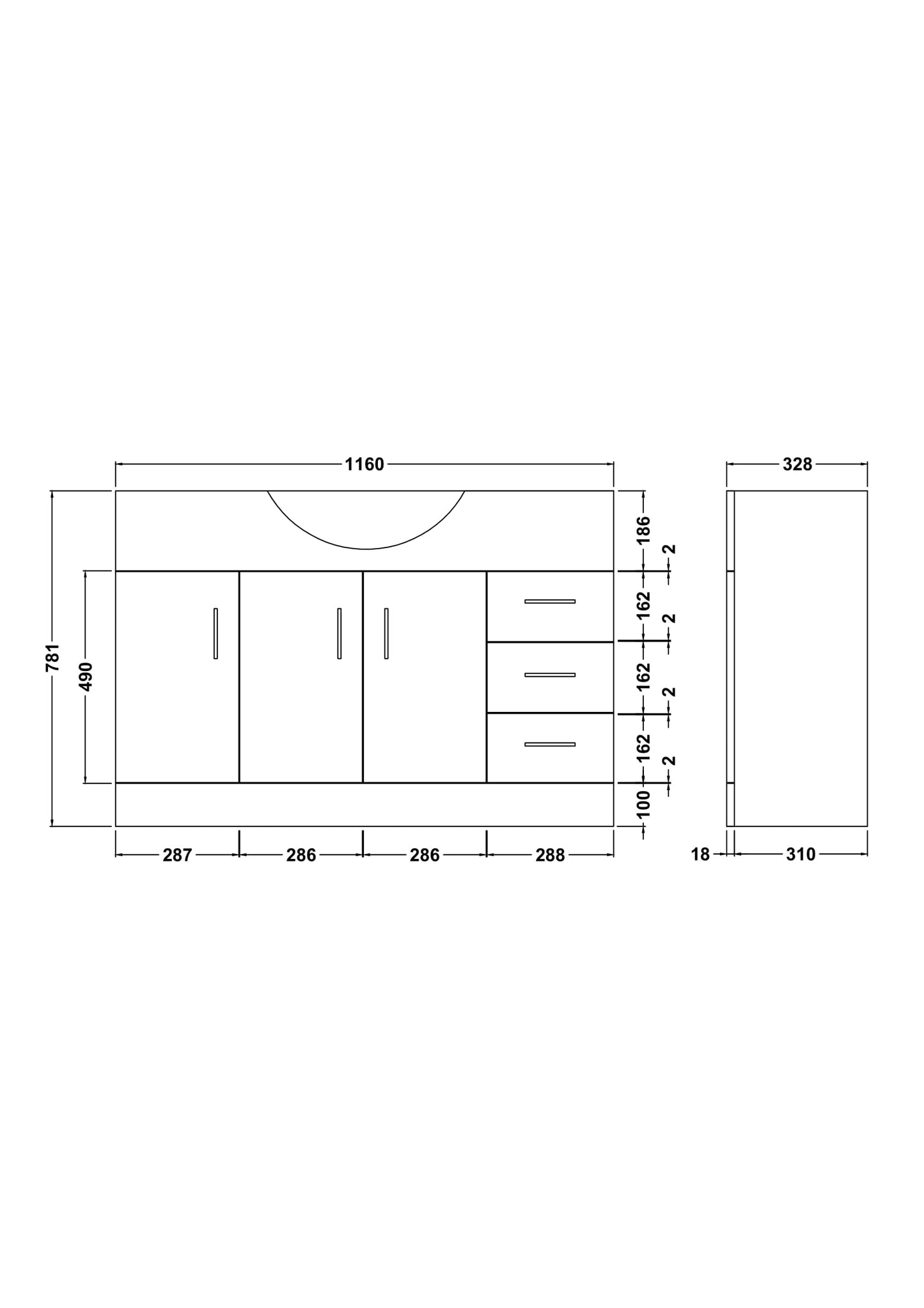 Mayford Floor Standing 3 Door 2 Drawer Vanity Unit 1250mm