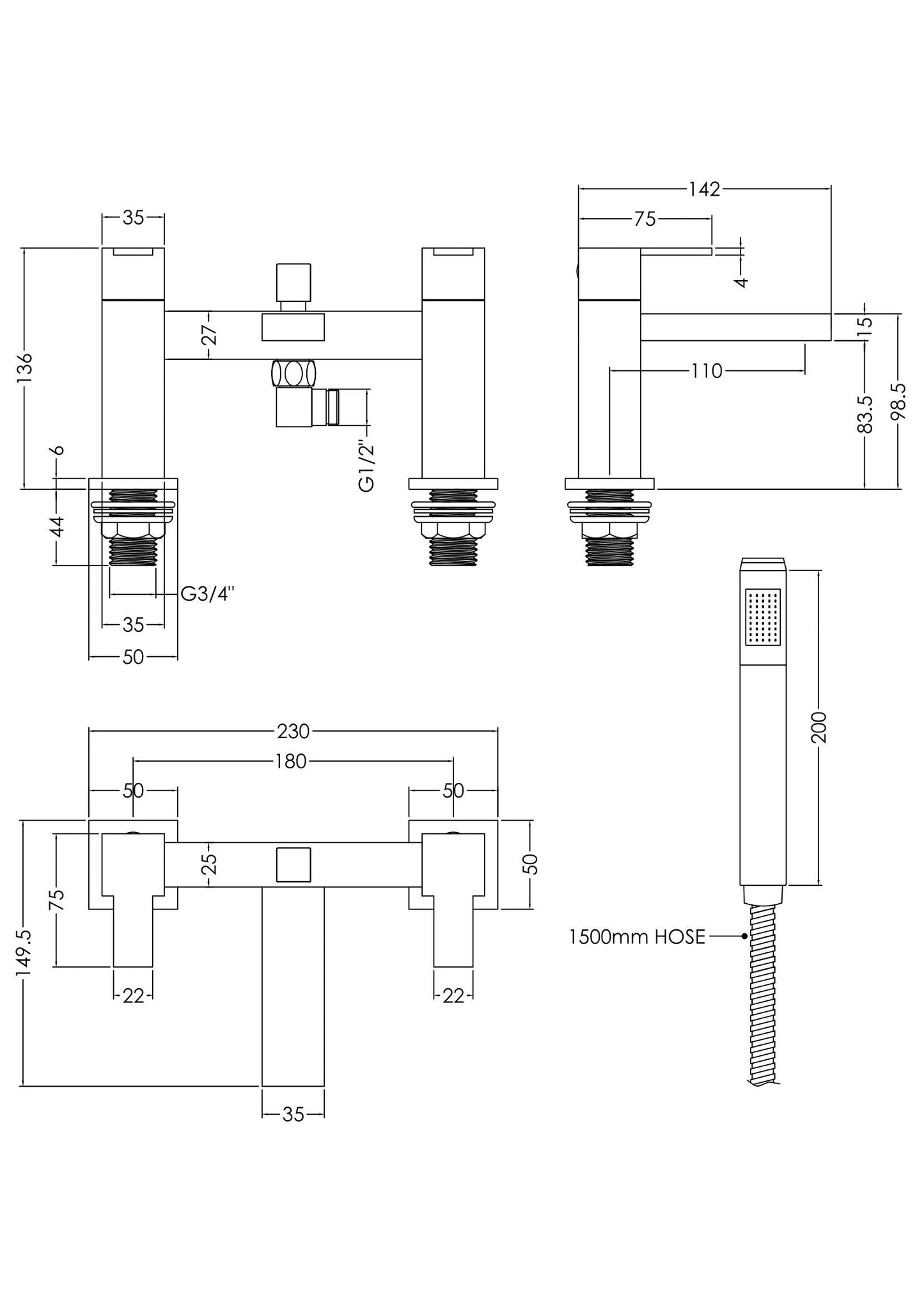 Sanford Deck Mounted Bath Shower Mixer With Kit