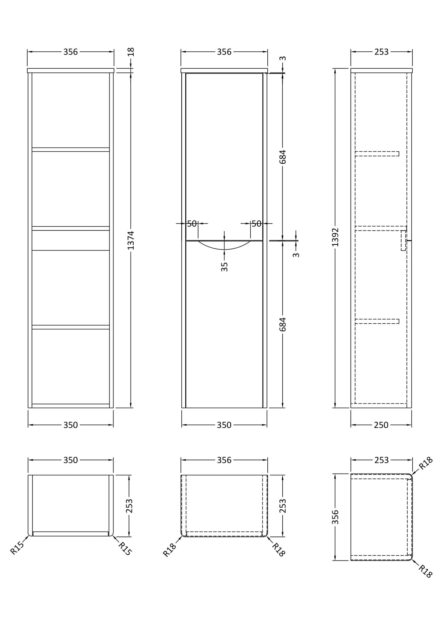 Nuie Lunar 356mm 1 Door Satin White Wall Hung Tall Cabinet With Handles