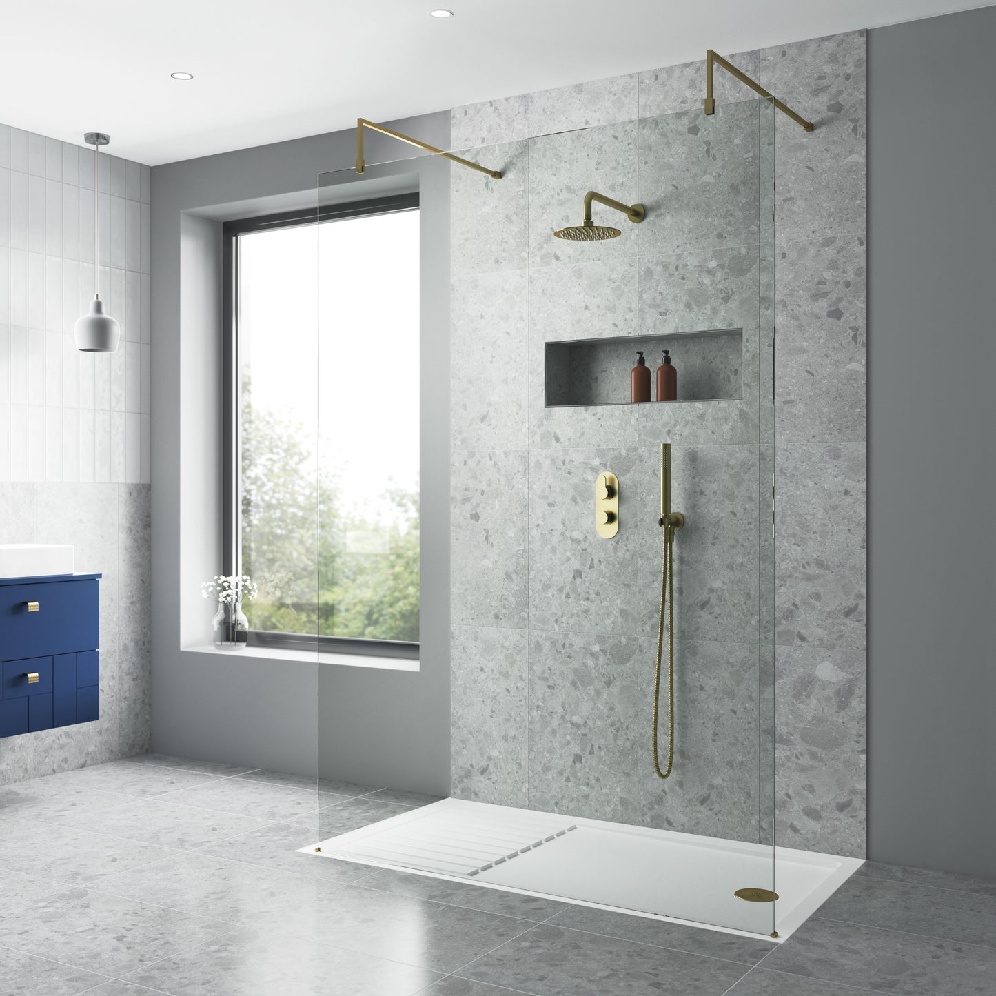 Nuie 1400mm Semi-Frameless Brushed Brass Wetroom Screen With Support Bar