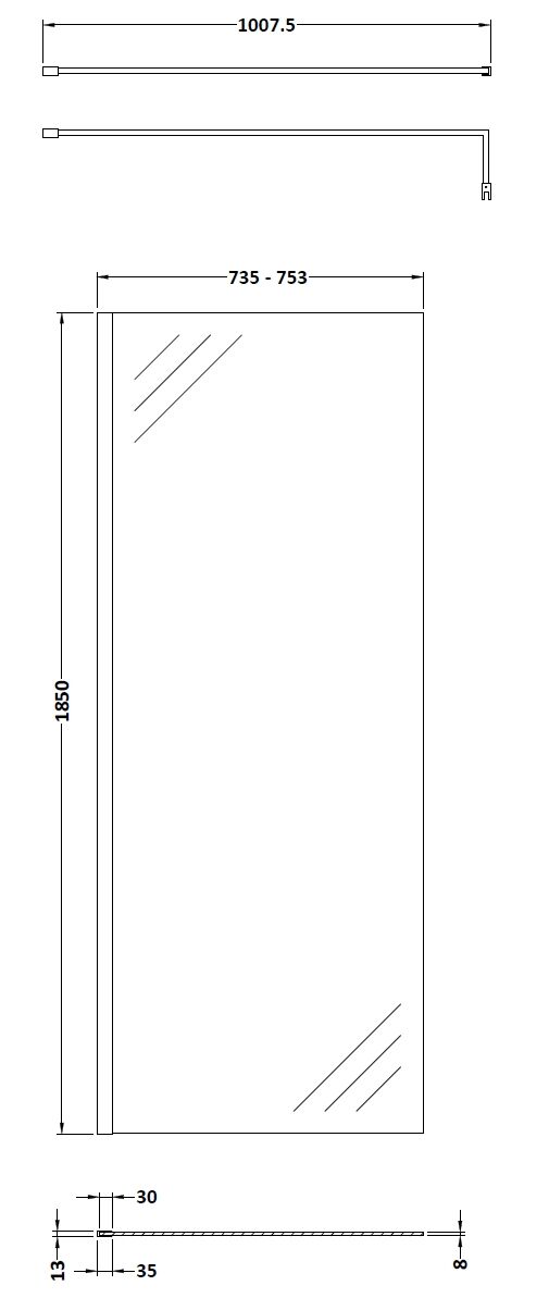 Nuie 760mm Semi-Frameless Matt Black Wetroom Screen With Support Bar