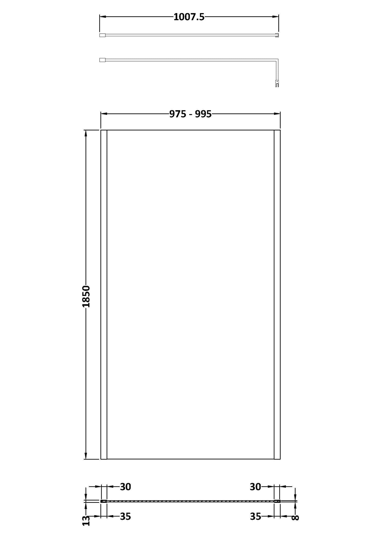 Nuie 1000mm Framed Matt Black Wetroom Screen With Support Bar