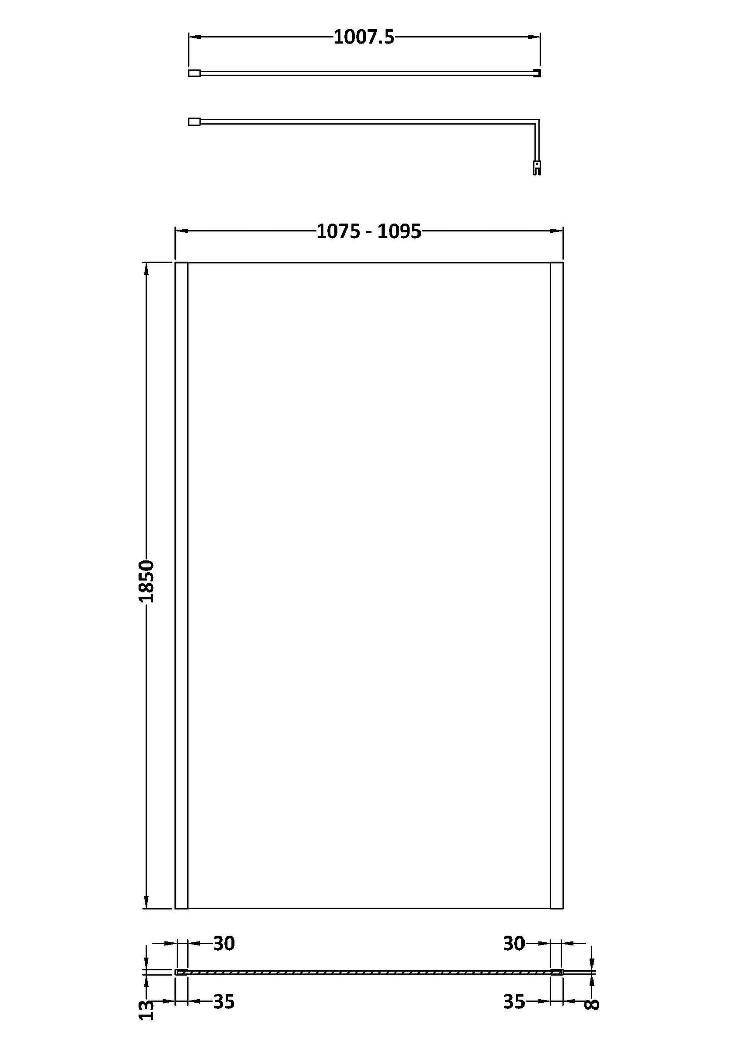 Nuie 1100mm Framed Matt Black Wetroom Screen With Support Bar
