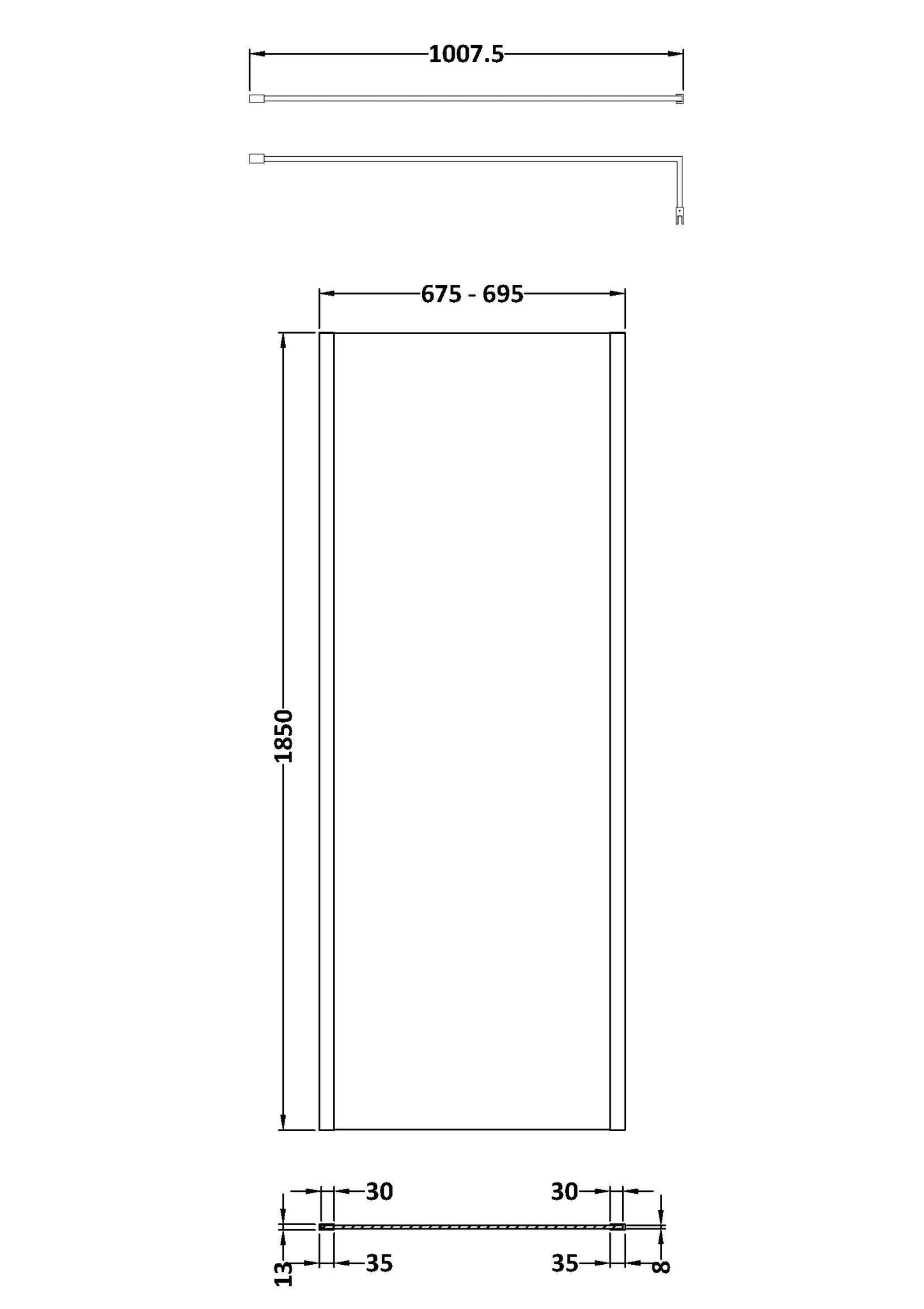 Nuie 700mm Framed Matt Black Wetroom Screen With Support Bar