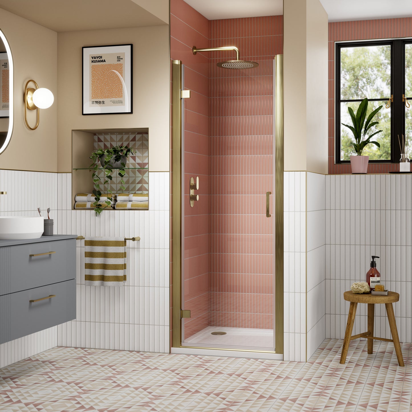 800mm Hinged Shower Door- Brushed Brass